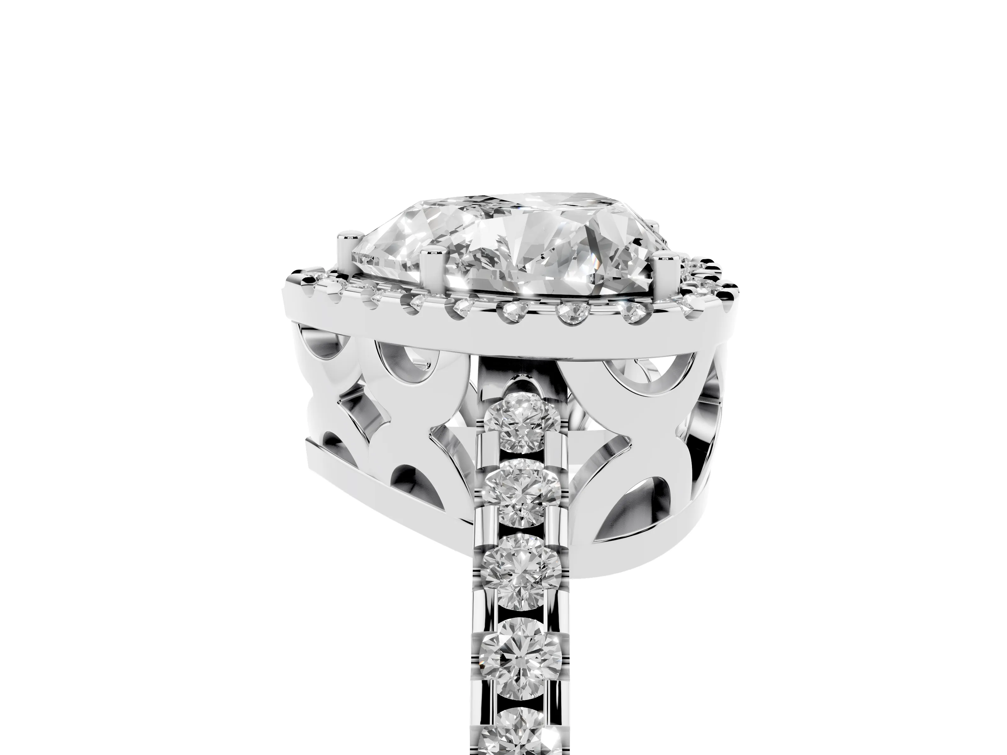 Heart Cut Diamond Halo Ring Set in Platinum with Pavé Shoulders and Halo-Framed Center