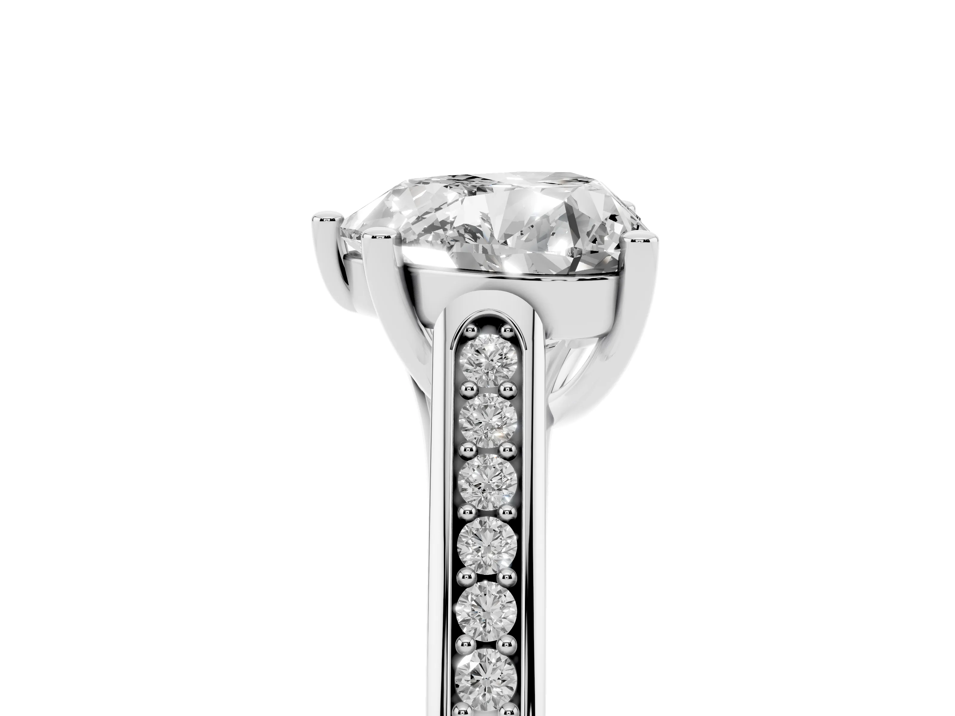 Heart Cut Diamond Solitaire Cathedral Engagement Ring Set in White gold with Channel-Set Band and Prong Setting
