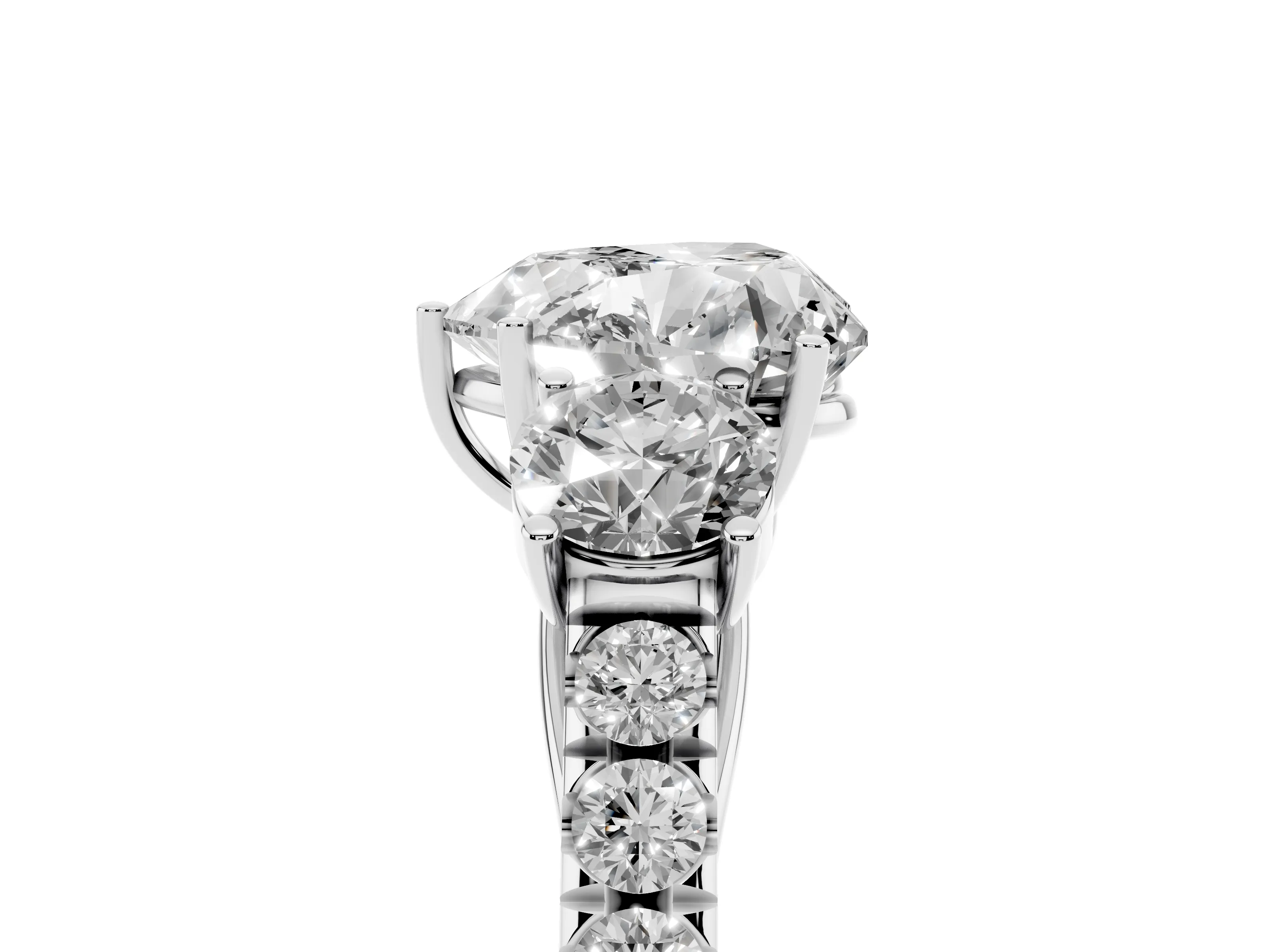 Heart Cut Diamond Three-Stone Ring Set in White gold with Round Side Stones and Delicate Pavé Band