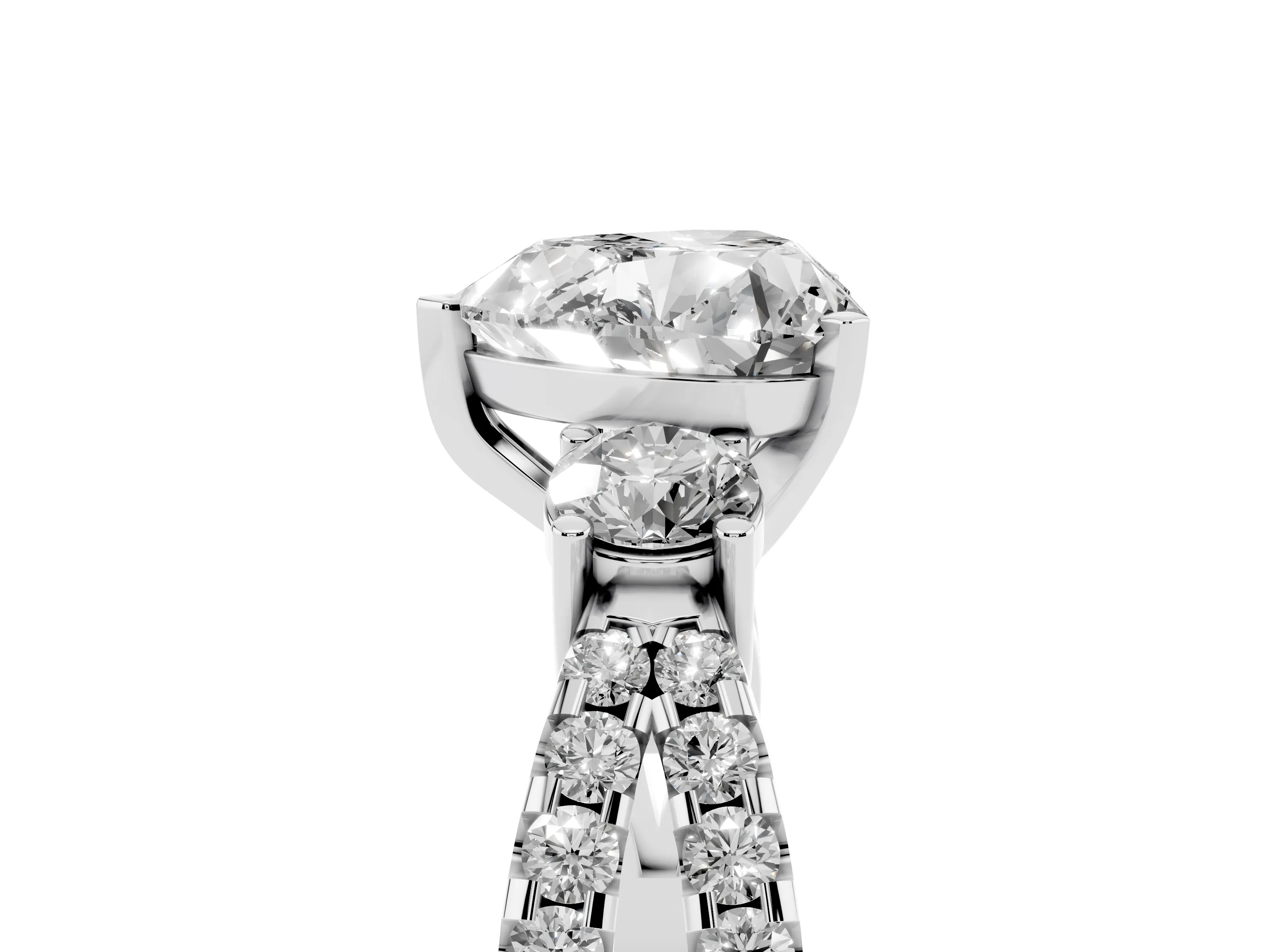 Heart Cut Diamond Three-Stone Ring Set in Platinum with Pavé Split Shank and Prong Setting