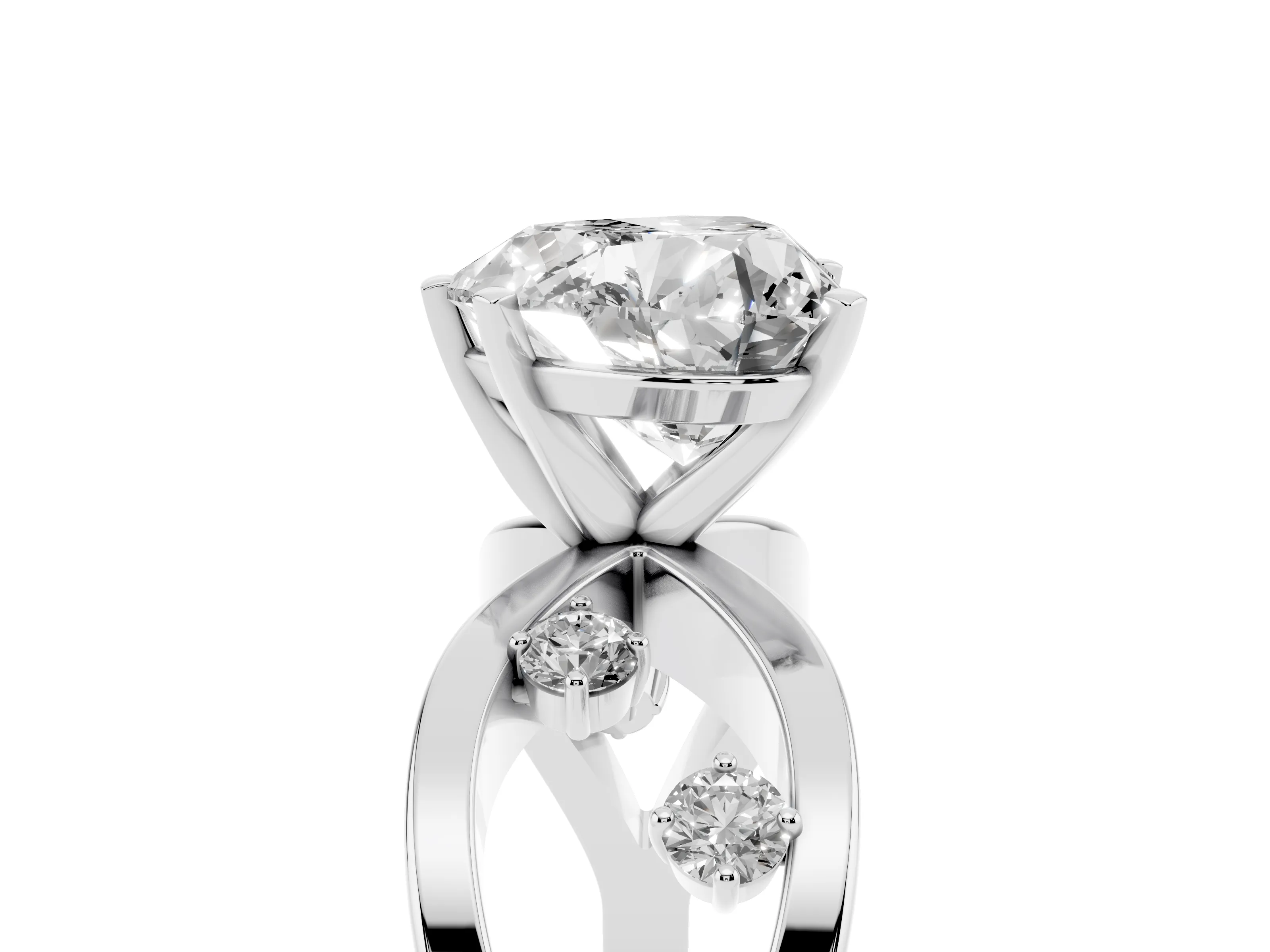Heart Cut Diamond Solitaire Ring Set in Platinum with Side Stones on Criss-Cross Band and Prong Setting