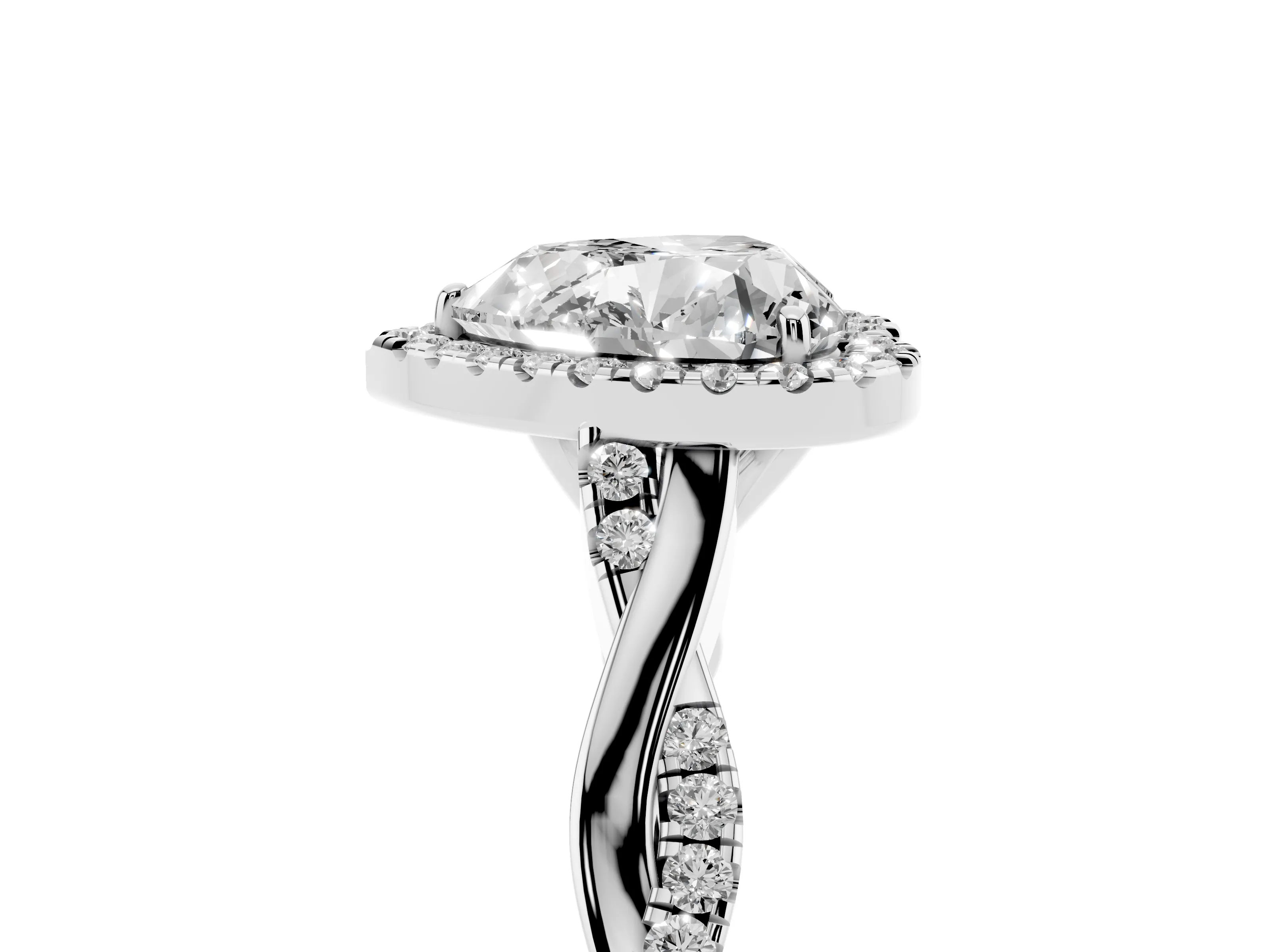 Heart Cut Diamond Halo Twist Band Solitaire Ring Set in Silver with Prong Setting