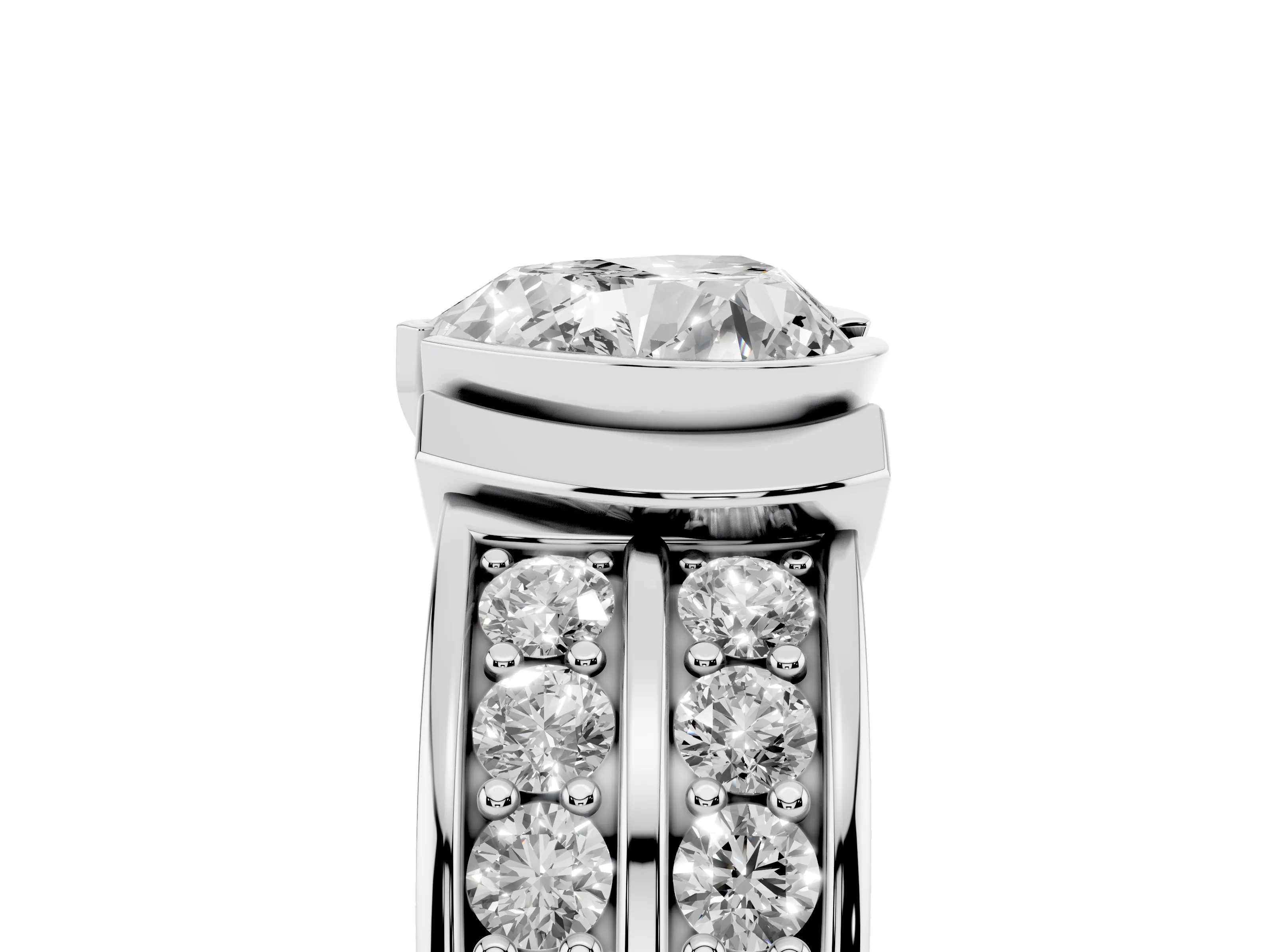 Heart Cut Diamond Wide Channel Set Band Ring Set in White gold with Bezel Setting