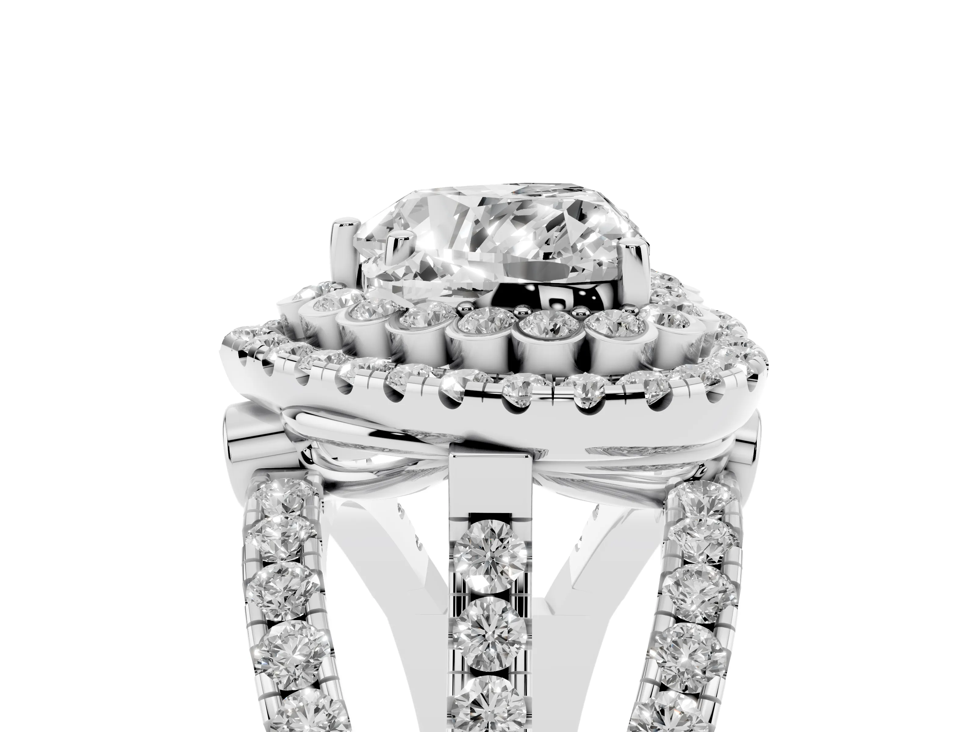 Heart Cut Diamond Double Halo Ring Set in Silver with Round Pavé Split Shank