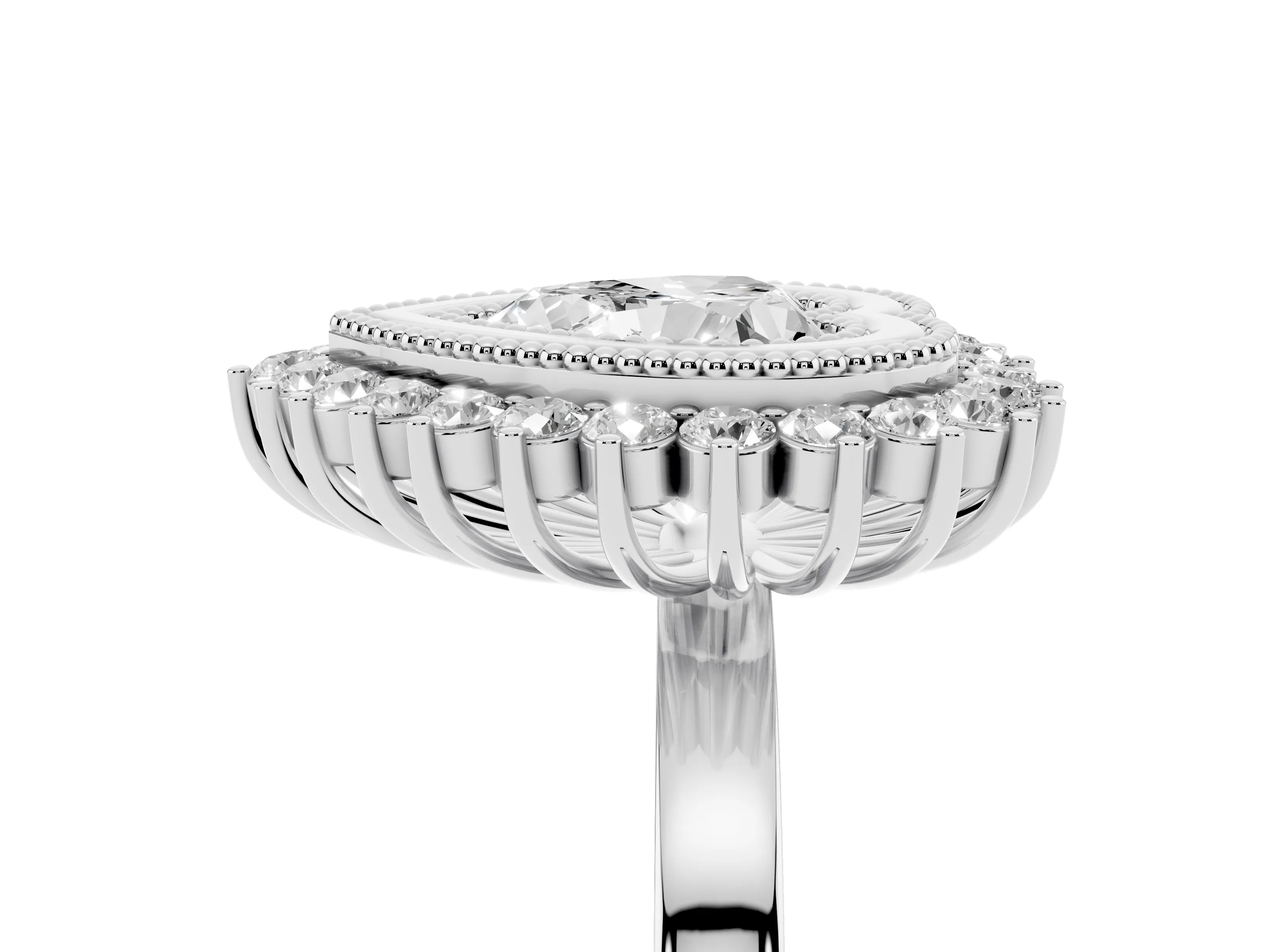 Heart Cut Diamond Halo Ring Set in White gold with Milgrain Edge and Round Prong Setting