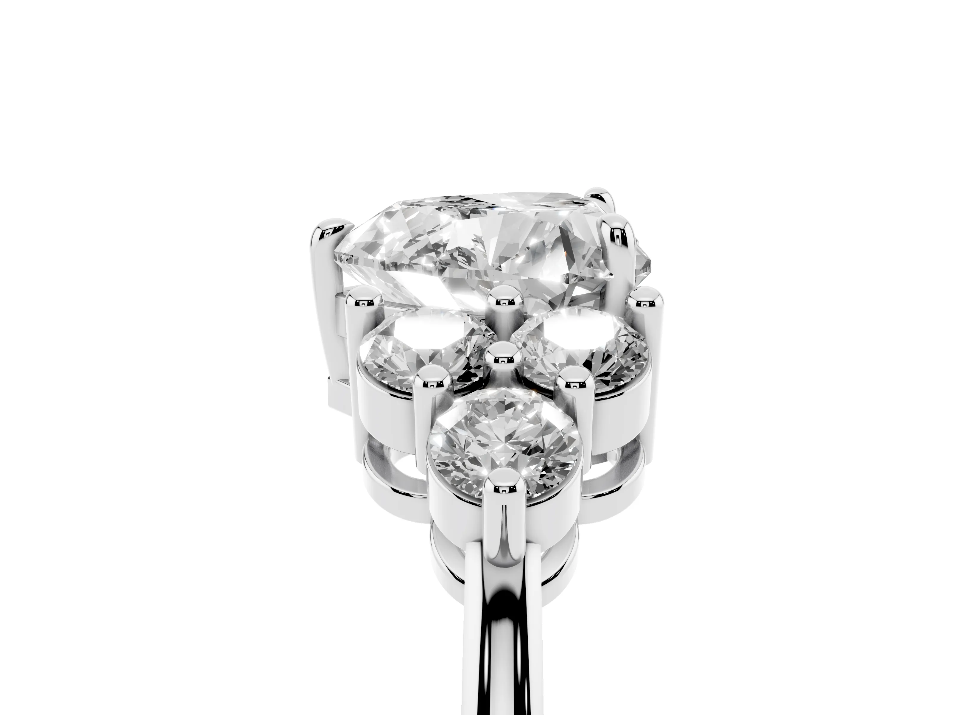Heart Cut Diamond Solitaire Ring Set in Silver with Cluster Accents on Each Side