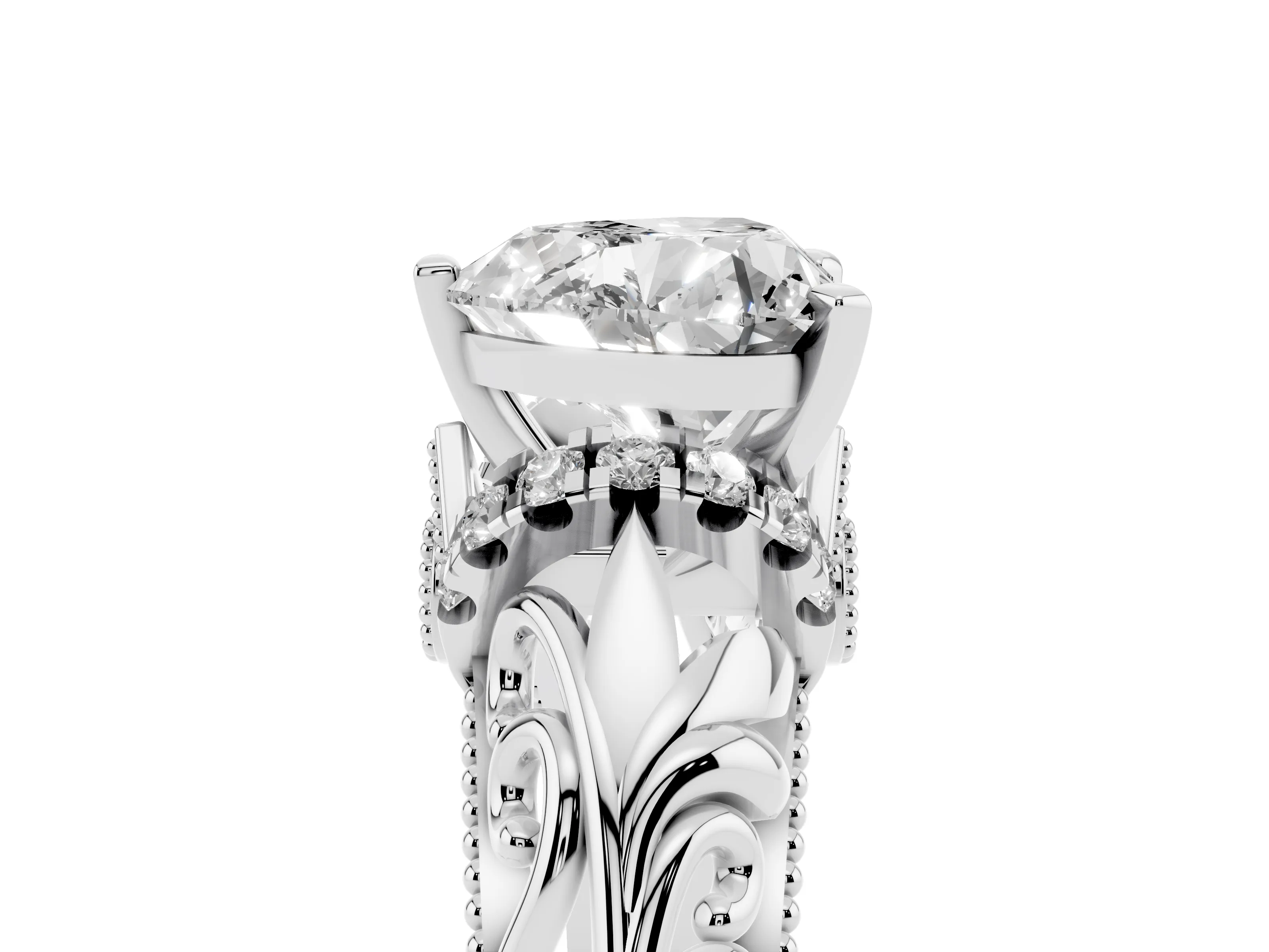 Heart Cut Diamond Filigree Halo Engagement Ring Set in White gold with Prong Setting