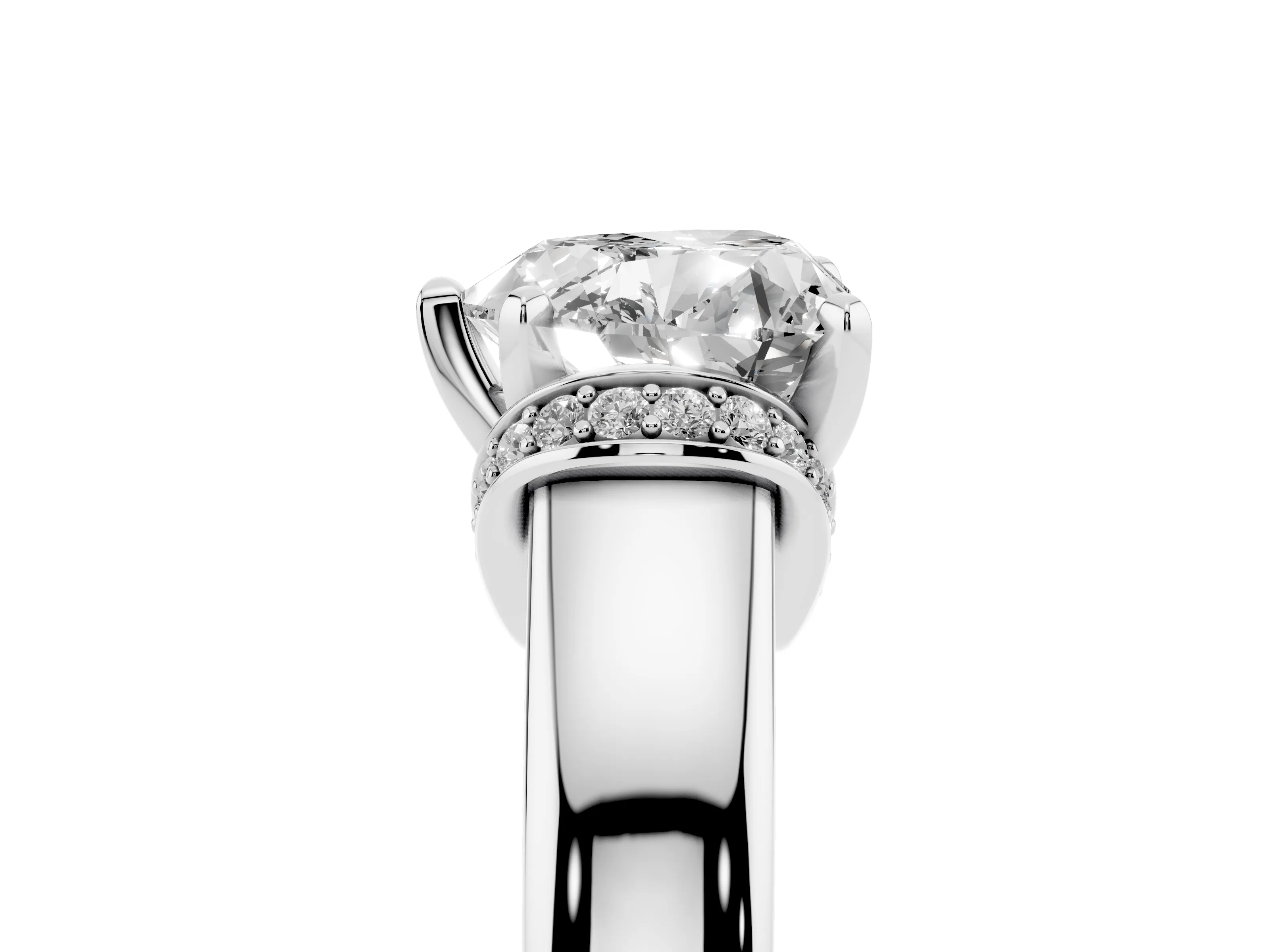Heart Cut Diamond Pavé Band Solitaire Ring Set in Platinum with Prong Setting