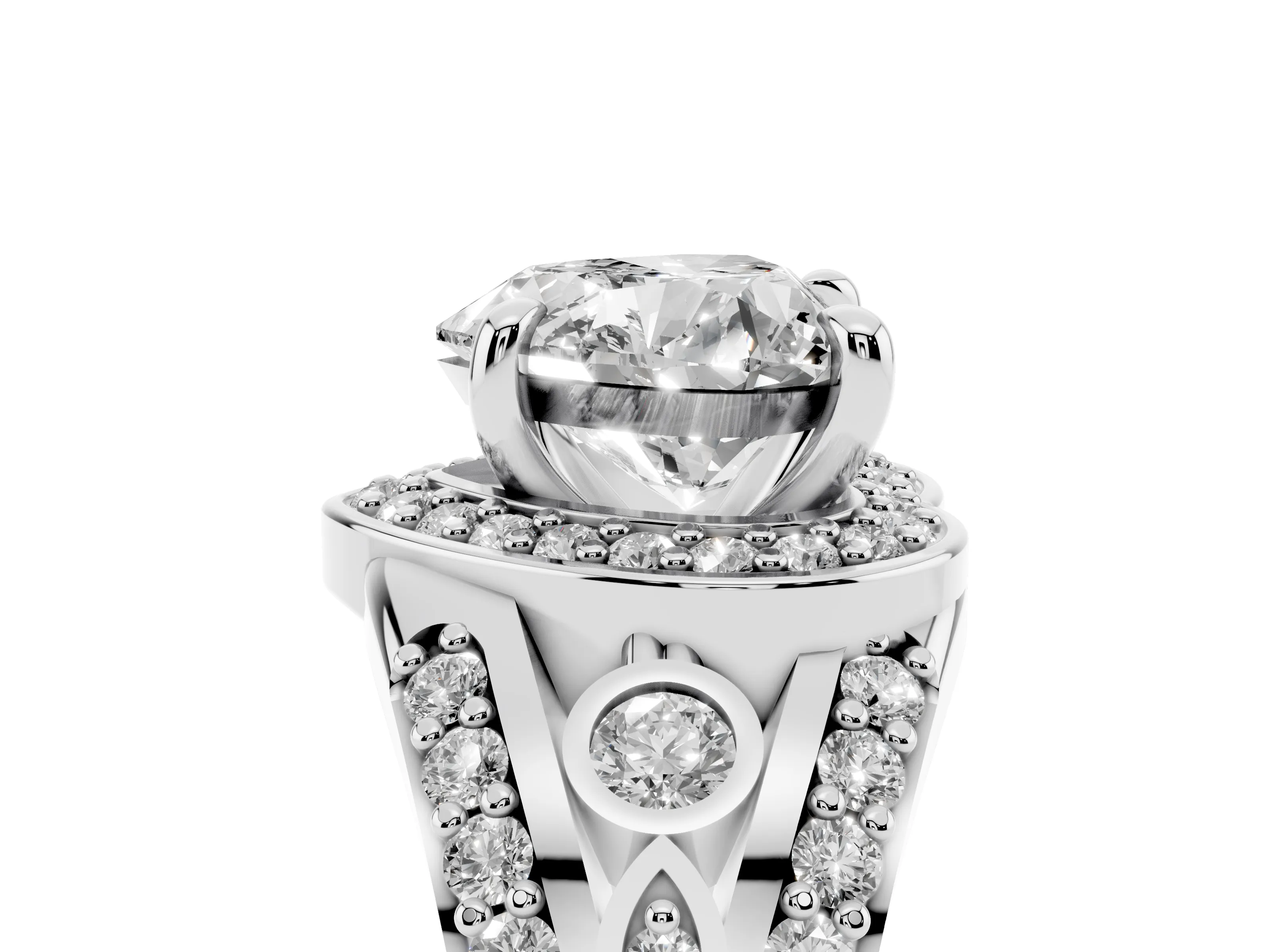 Heart Cut Diamond Halo Ring Set in Platinum with Pavé Split Shank and Bezel Accents