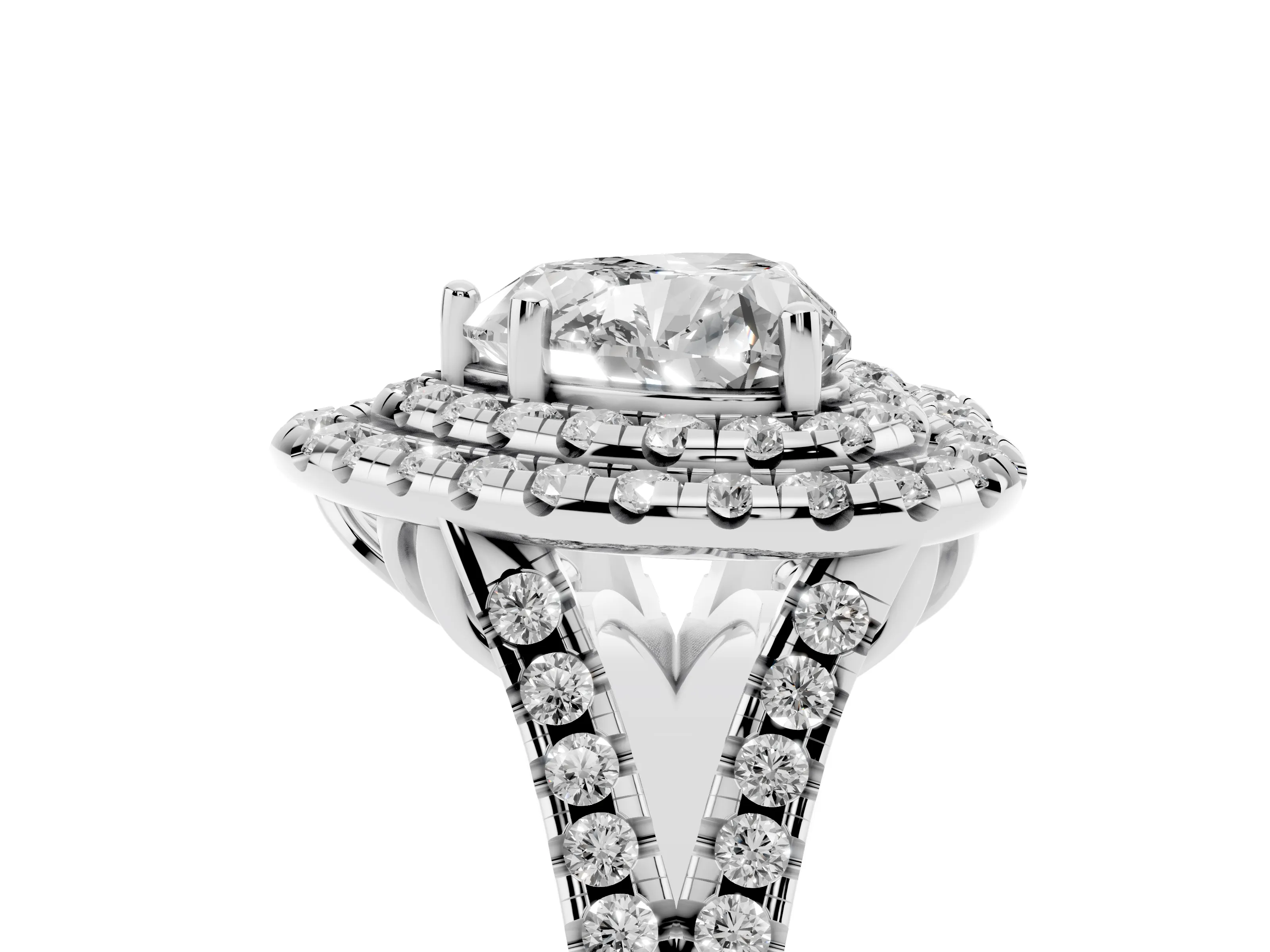 Heart Cut Diamond Double Halo Ring Set in Silver with Pavé Split Shank and Prong Setting