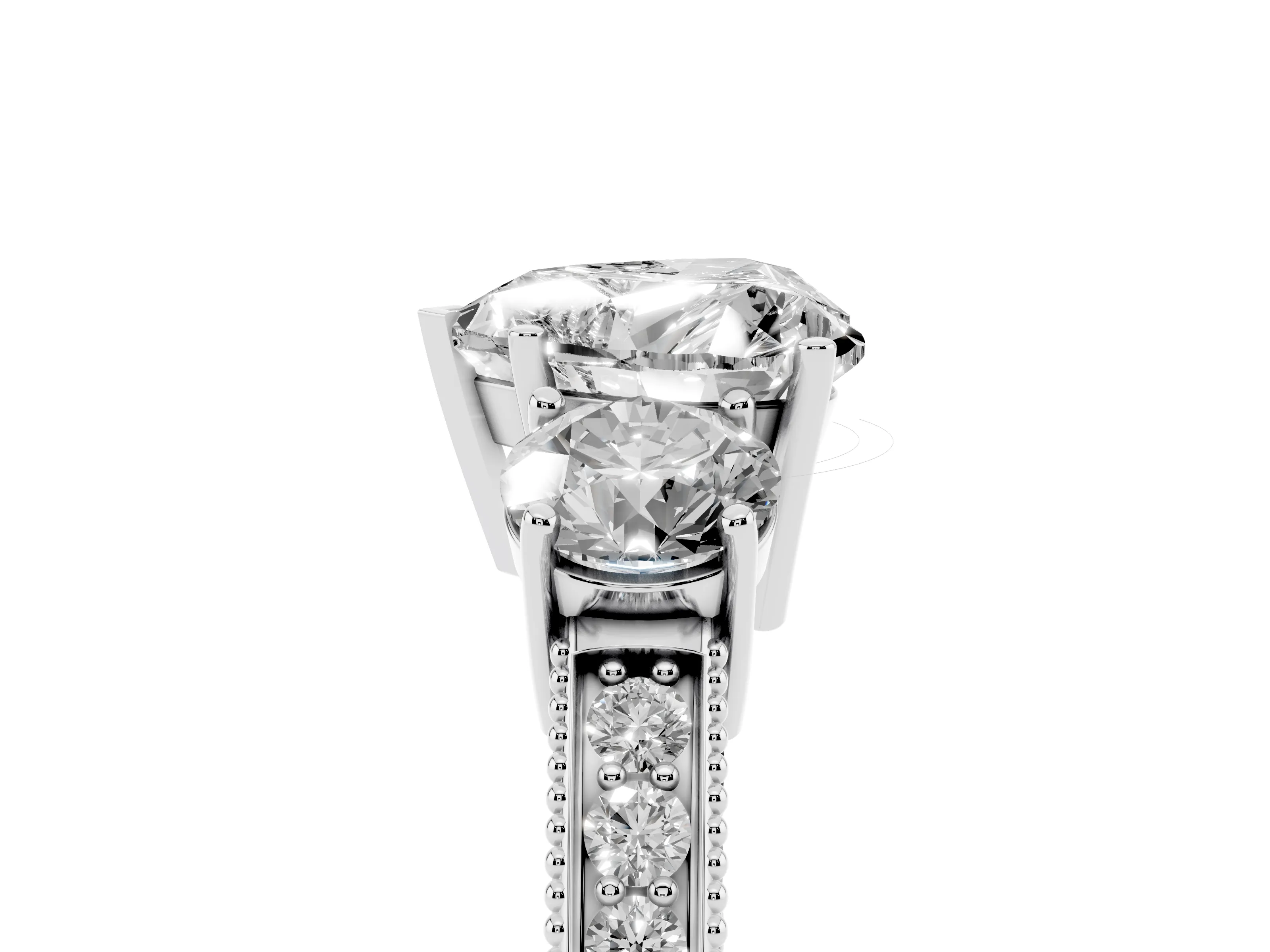 Heart Cut Diamond Three-Stone Ring Set in Platinum with Round Side Stones and Pavé Band