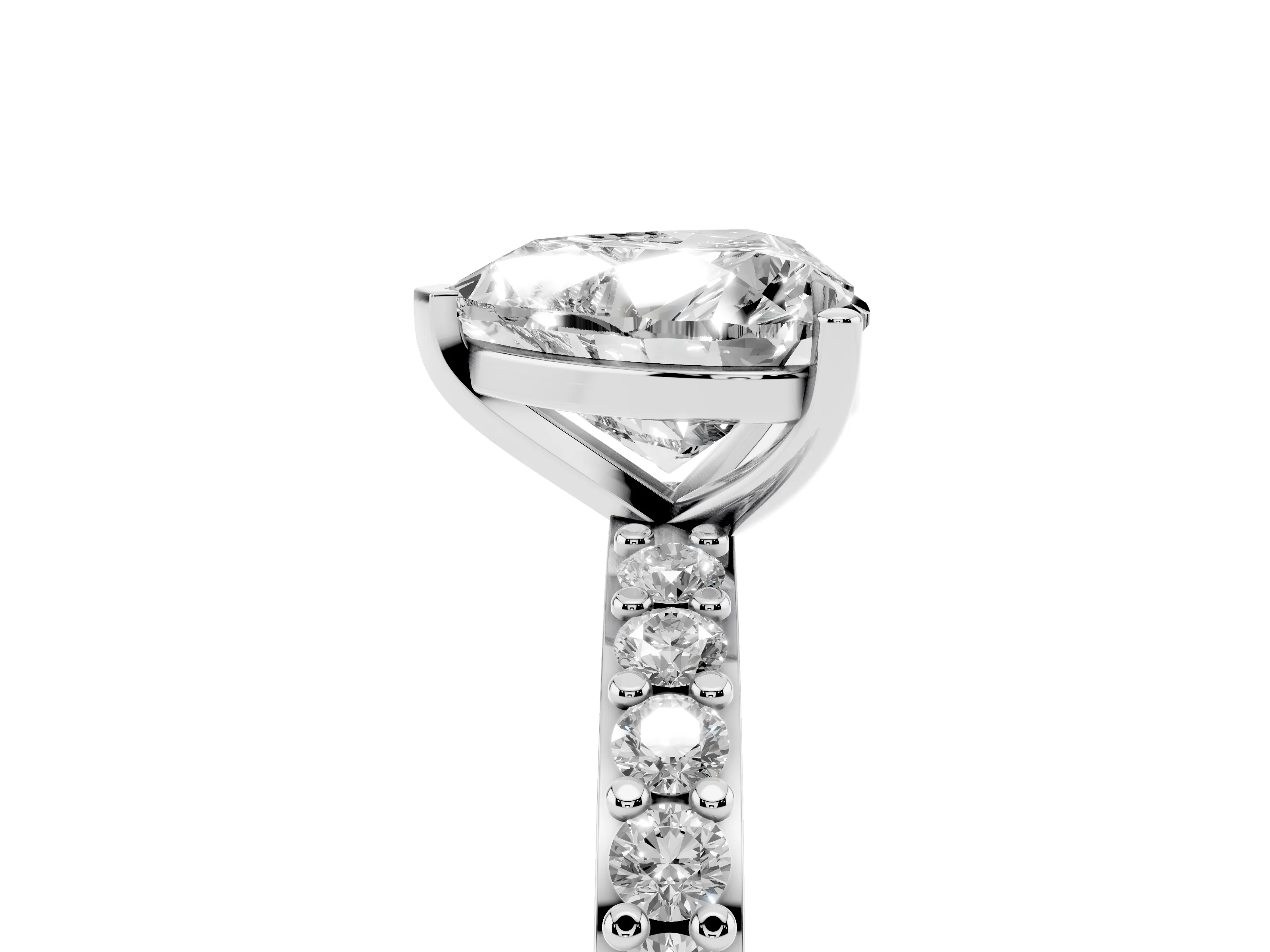 Heart Cut Diamond Solitaire Set in White gold with Round Pavé Band and Prong Setting