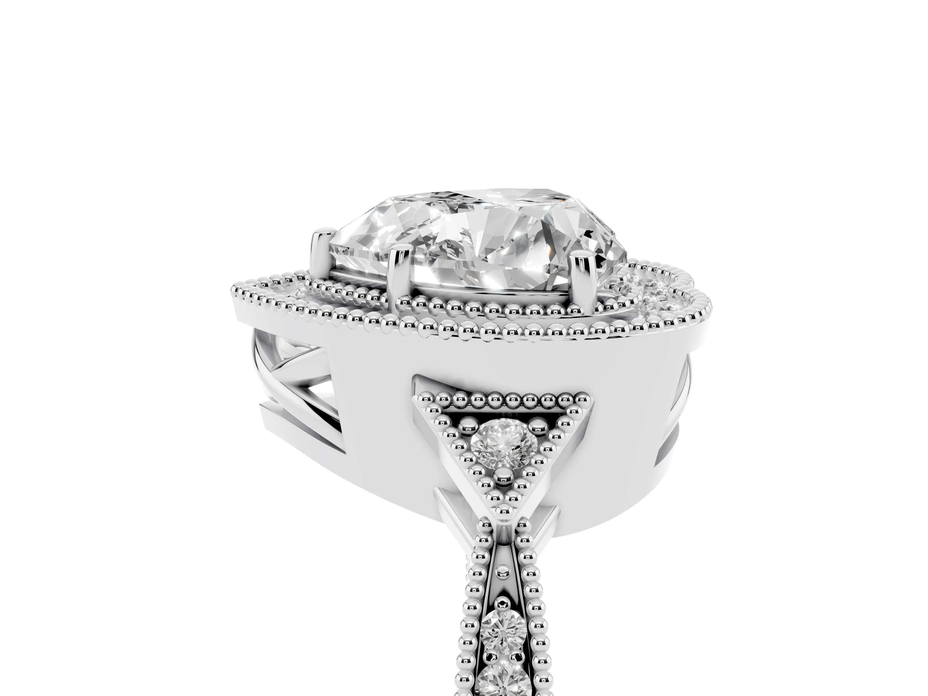 Heart Cut Diamond Halo Engagement Ring Set in White gold with Milgrain Pavé Band