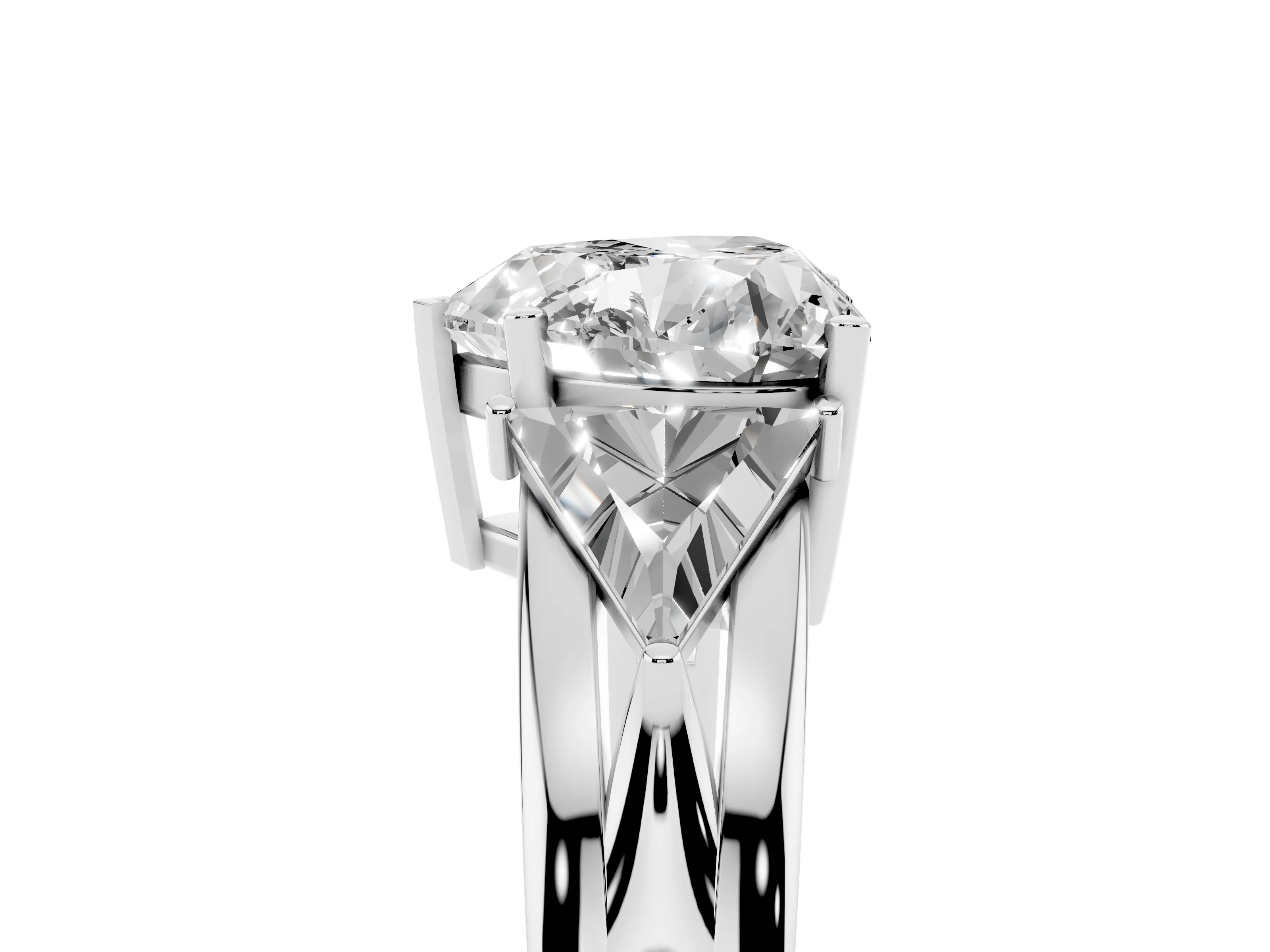 Heart Cut Diamond Three-Stone Ring Set in White gold with Trillion Side Stones and Split Shank