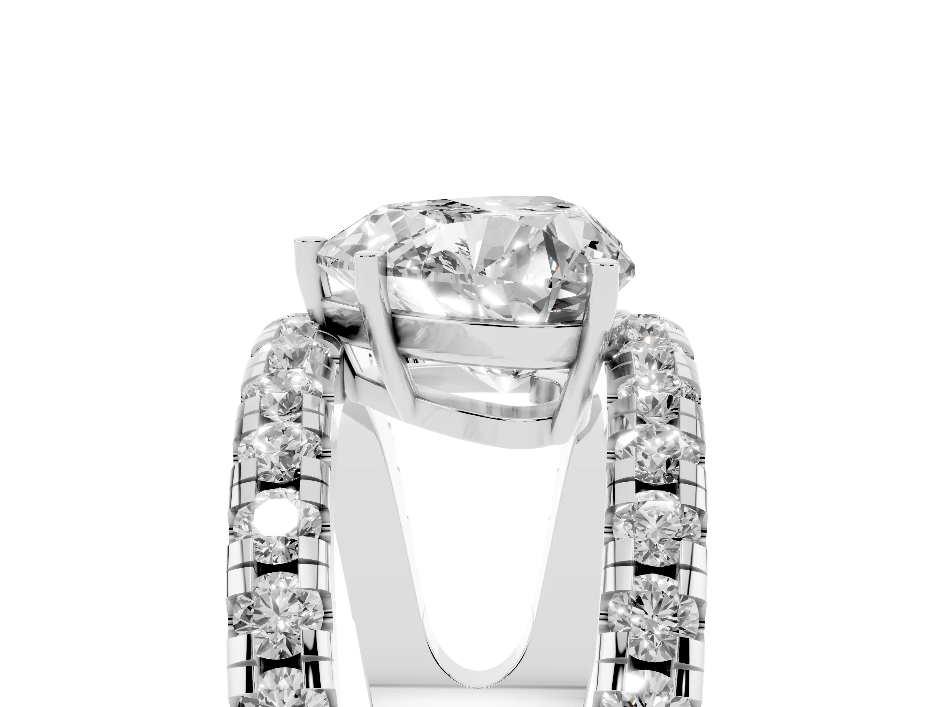 Heart Cut Diamond Split Shank Pavé Solitaire Ring Set in White gold with Open Shank Design