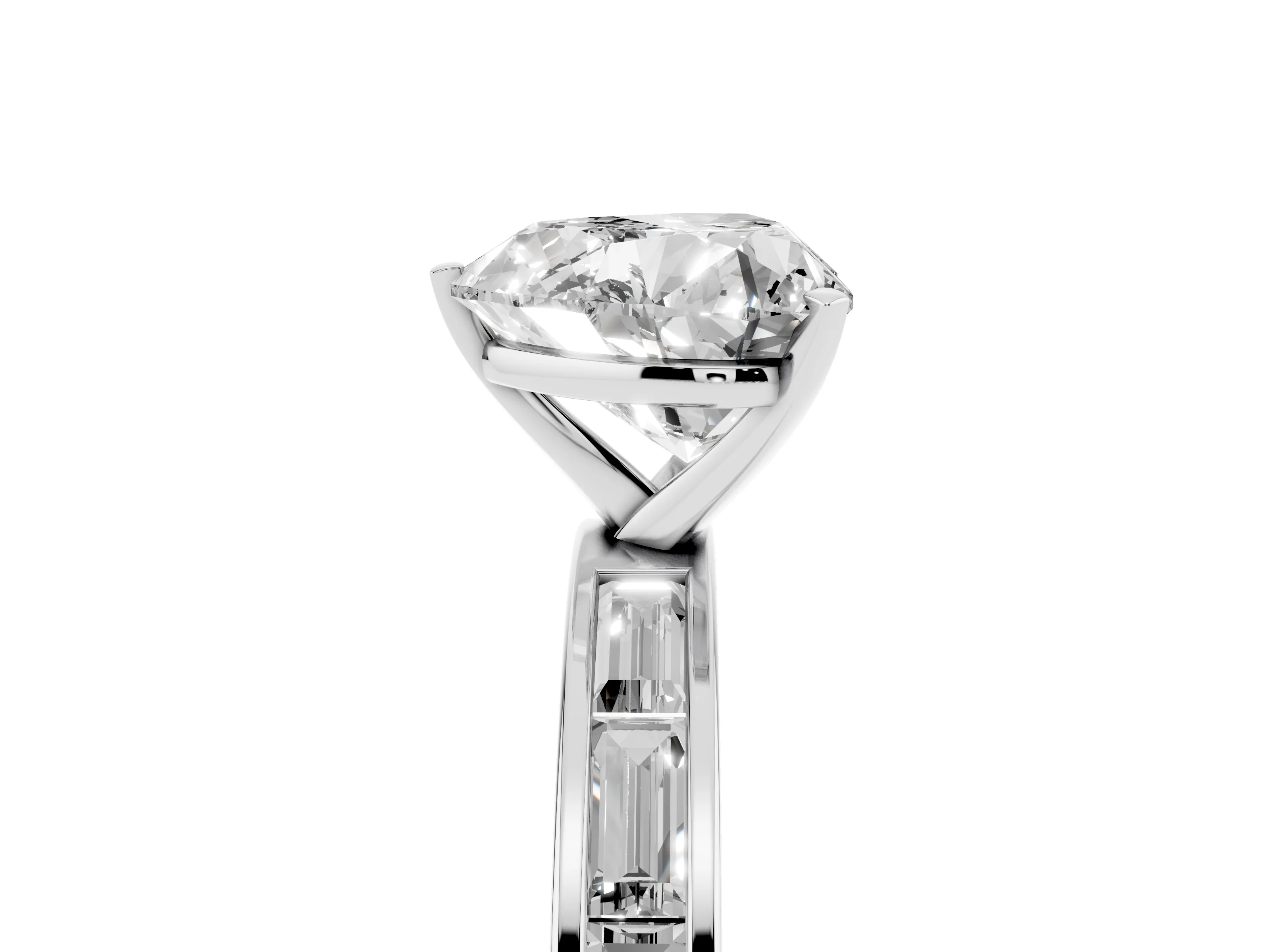 Heart Cut Diamond Solitaire Ring Set in White gold with Channel-Set Baguette Band and Prong Setting