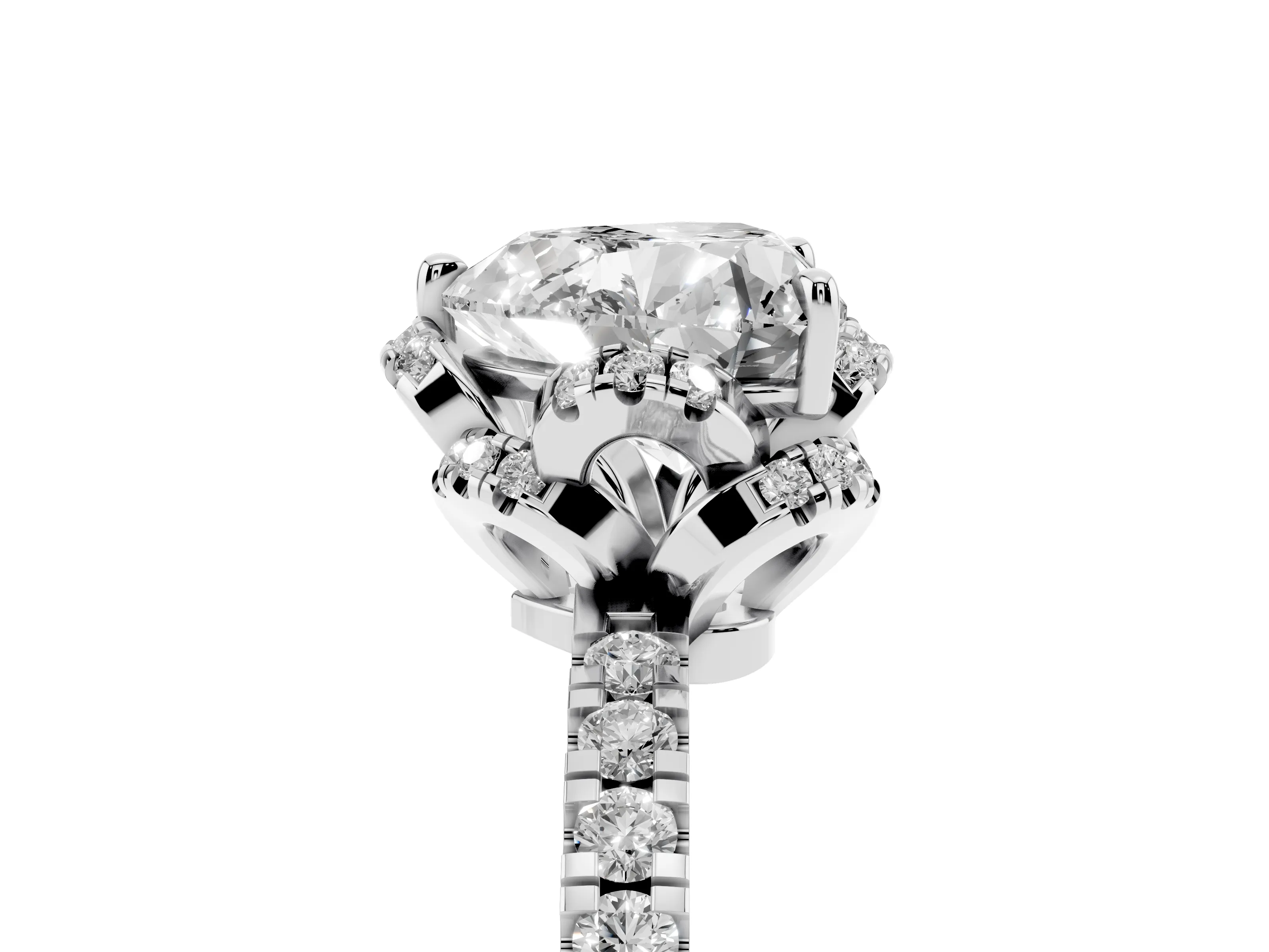 Heart Cut Diamond Halo Pavé Band Ring Set in Platinum with Prong-Held Center