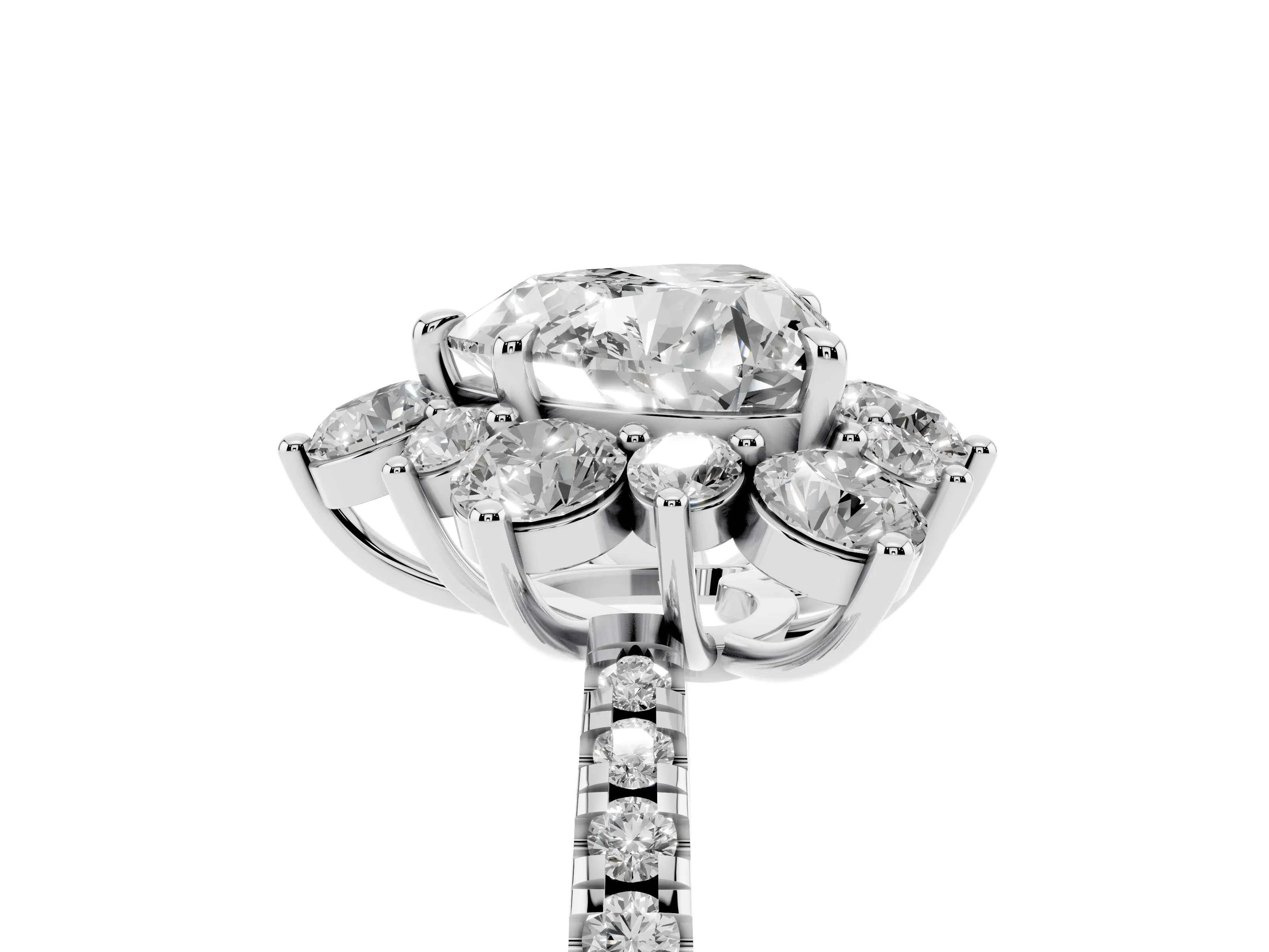 Heart Cut Diamond Floral Halo Ring Set in Platinum with Round Pavé Band and Prong Setting