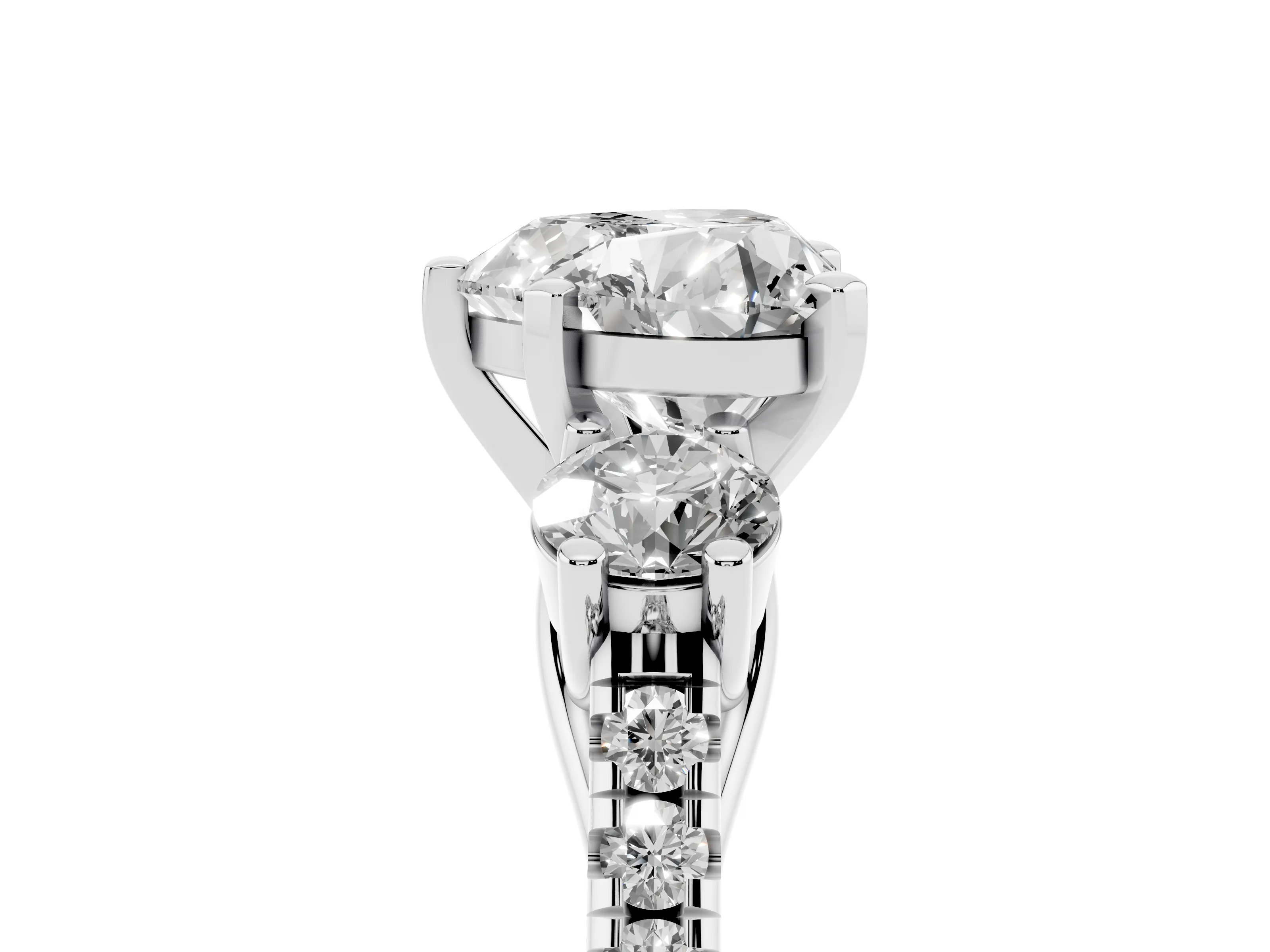 Three-Stone Heart Cut Diamond Pavé Band Ring Set in Platinum with Prong-Set Trio