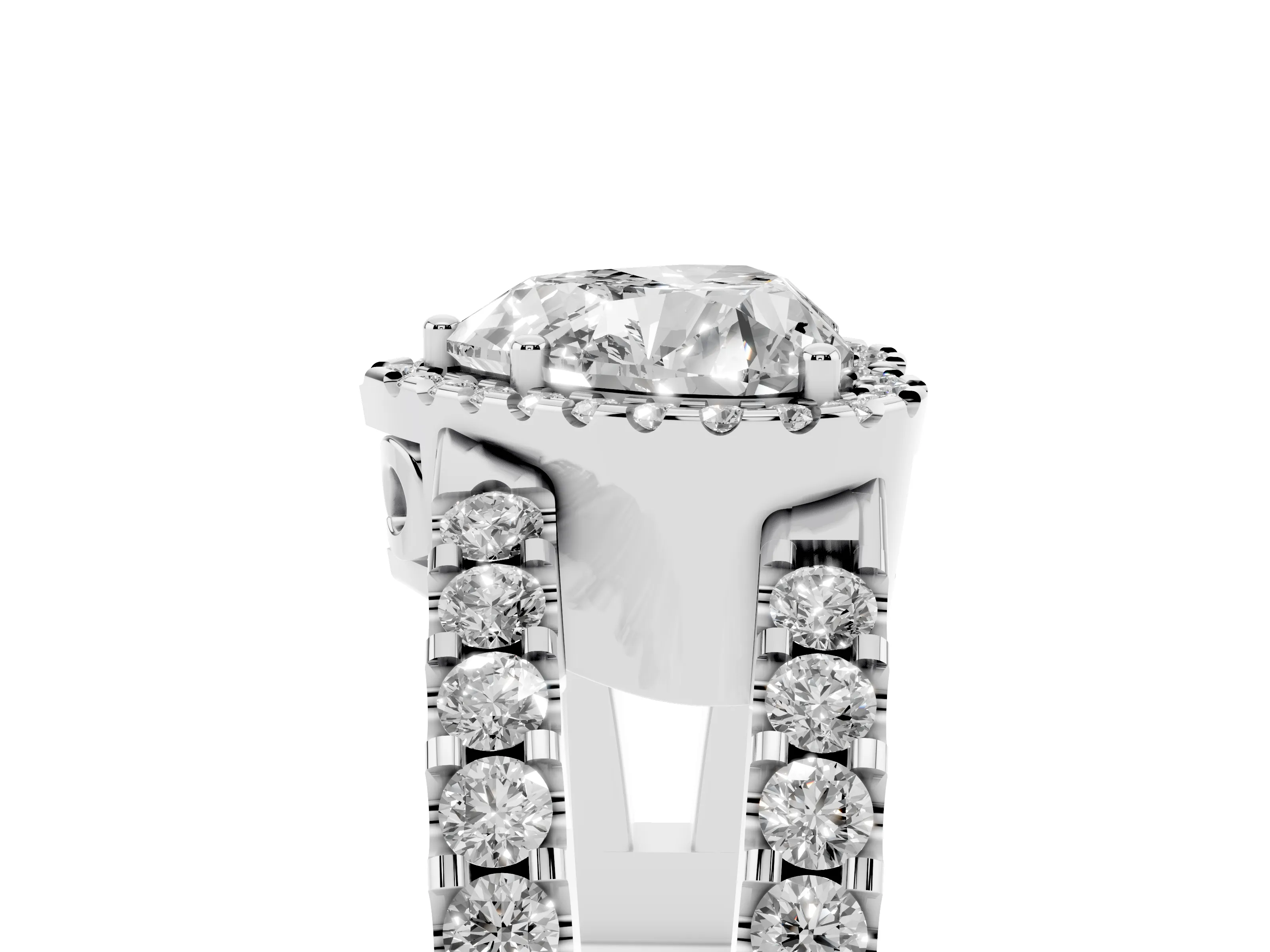 Heart Cut Diamond Halo Ring Set in White gold with Pavé Split Shank and Prong Setting
