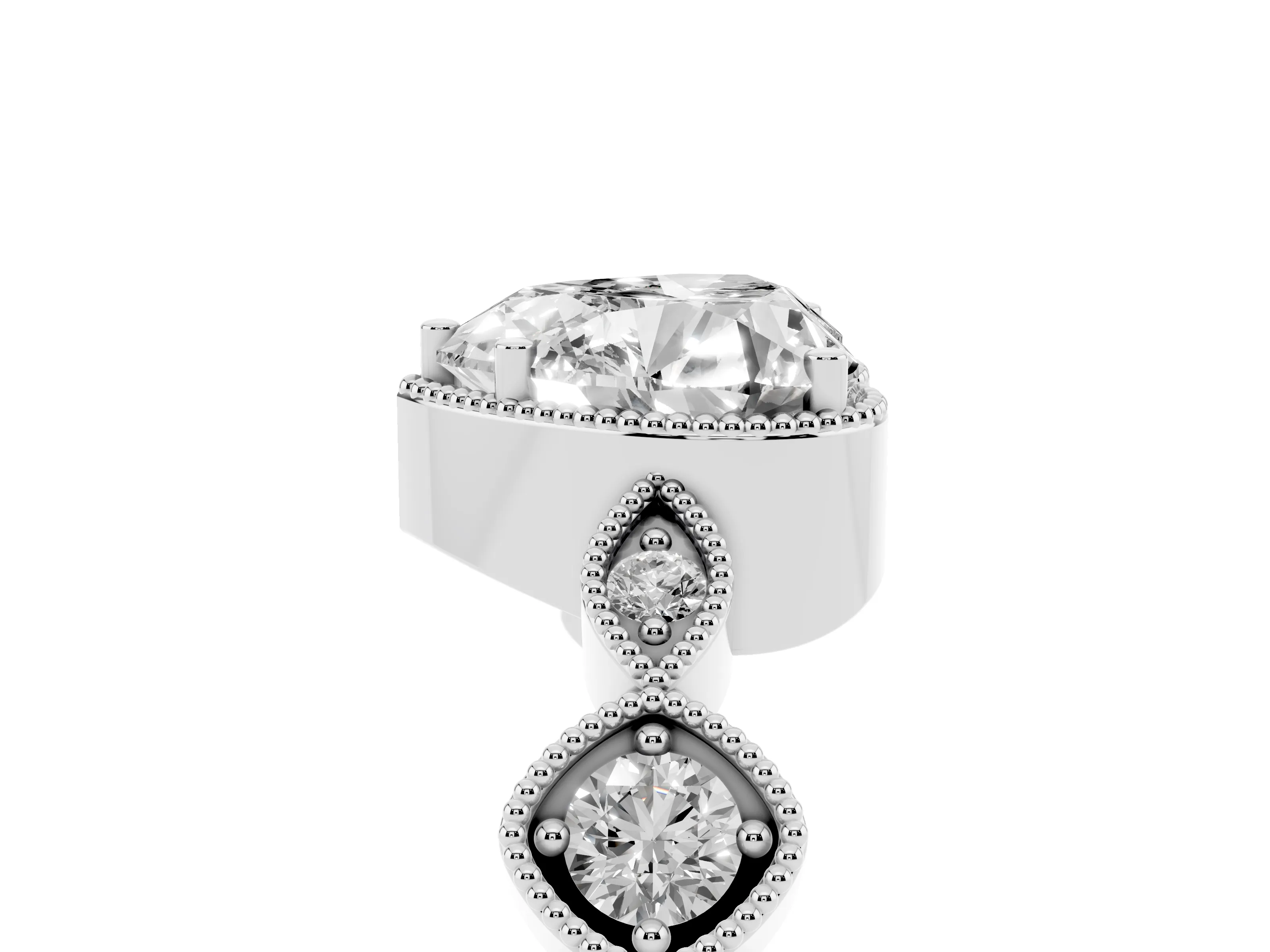 Heart Cut Diamond Vintage-Inspired Milgrain Ring Set in White gold with Marquise Stations of Round Accents