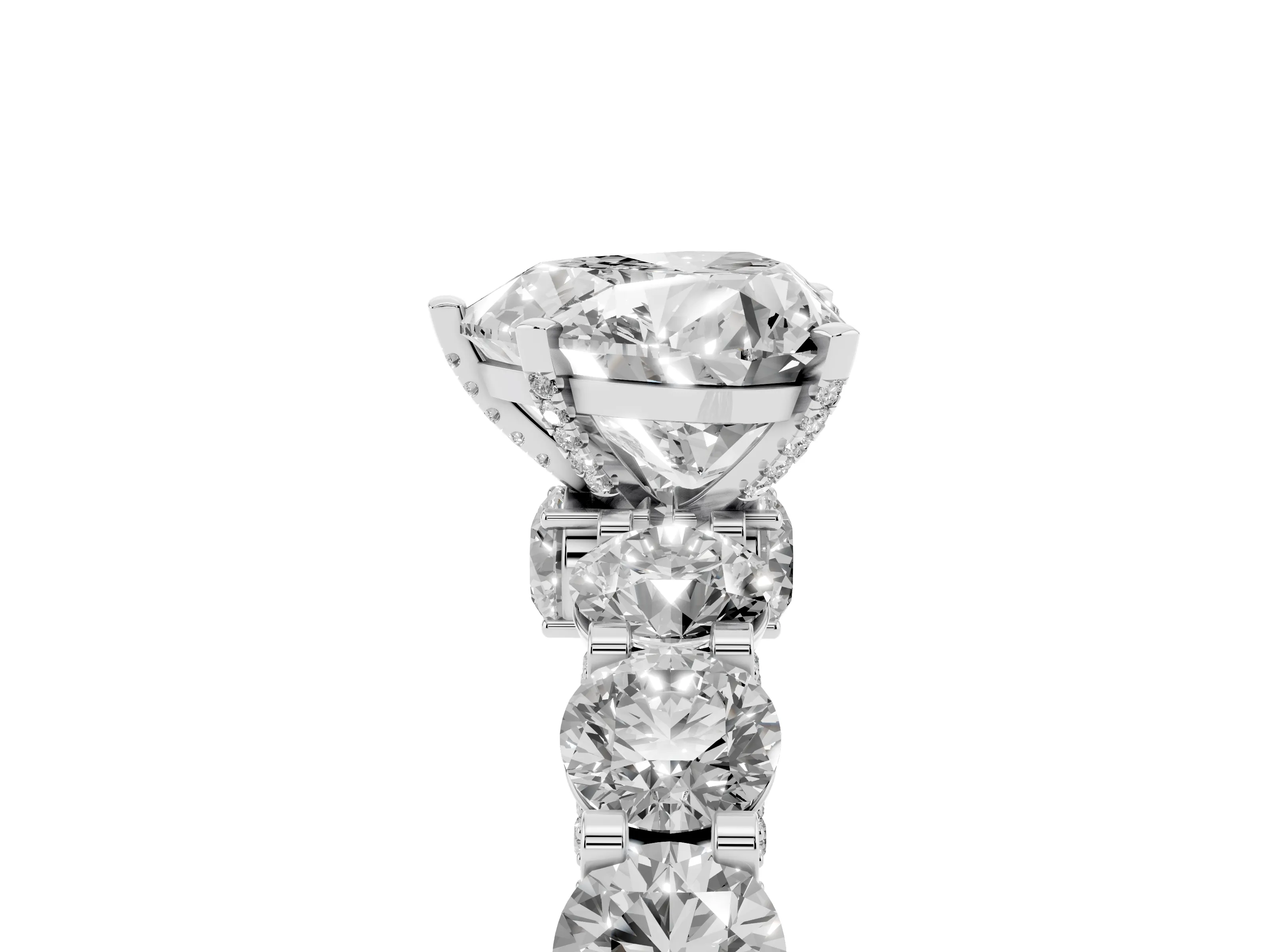 Heart Cut Diamond Side Stone Ring Set in Platinum with Alternating Round and Oval Side Stones