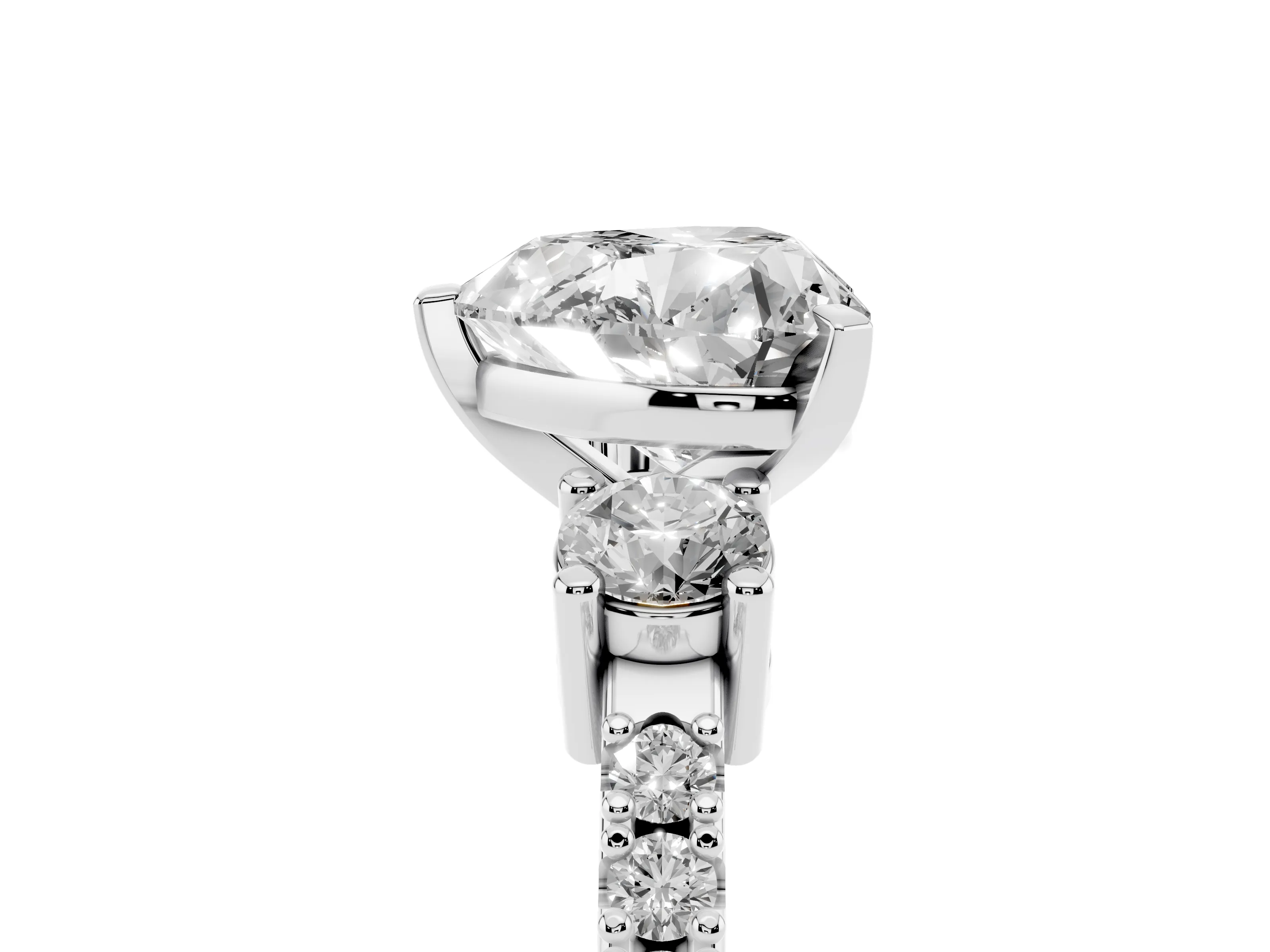 Three-Stone Heart Cut Diamond Pavé Band Ring Set in Platinum with Prong Setting