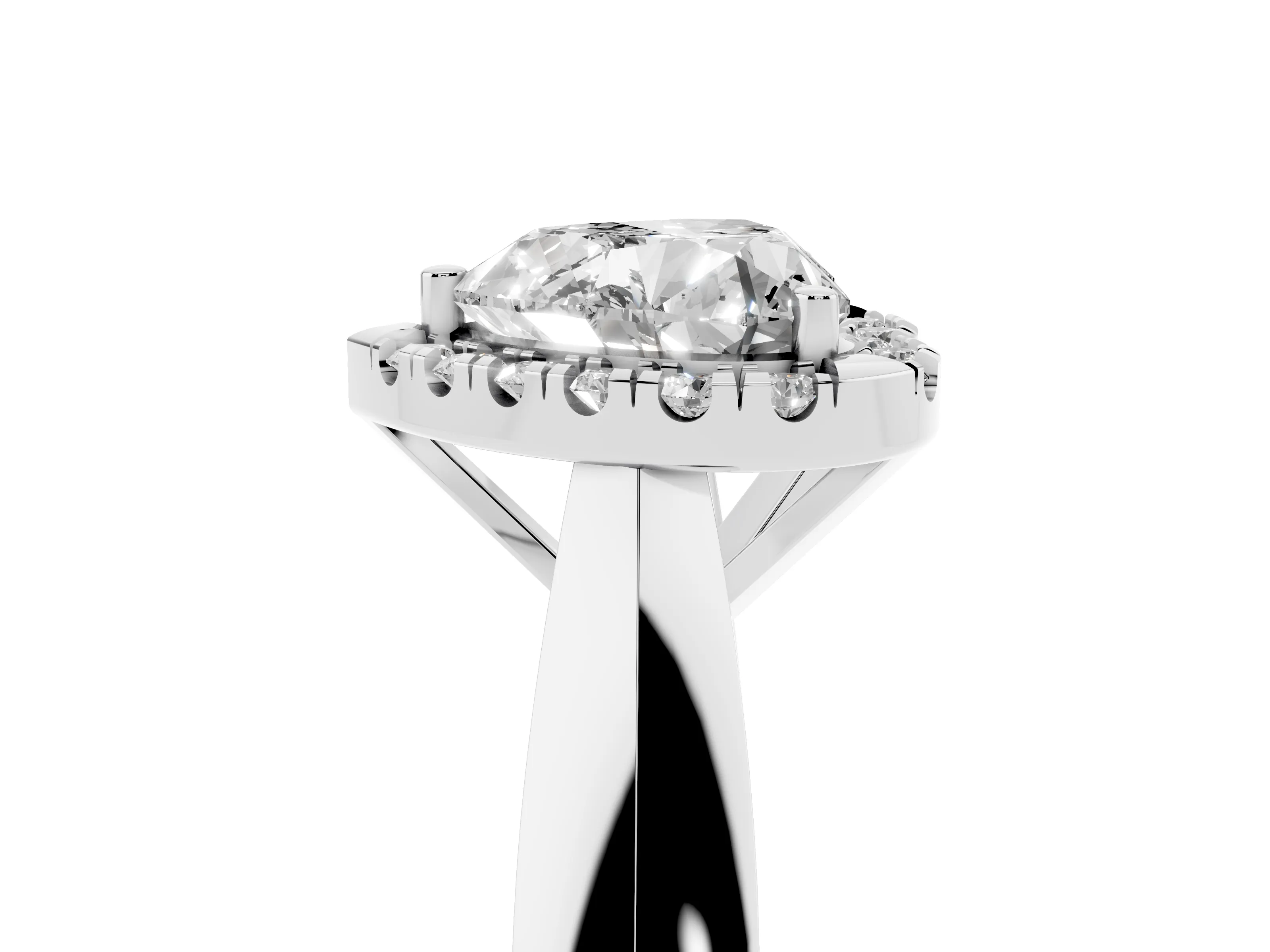 Heart Cut Diamond Halo Solitaire Engagement Ring Set in White gold with Square Band and Prong Setting