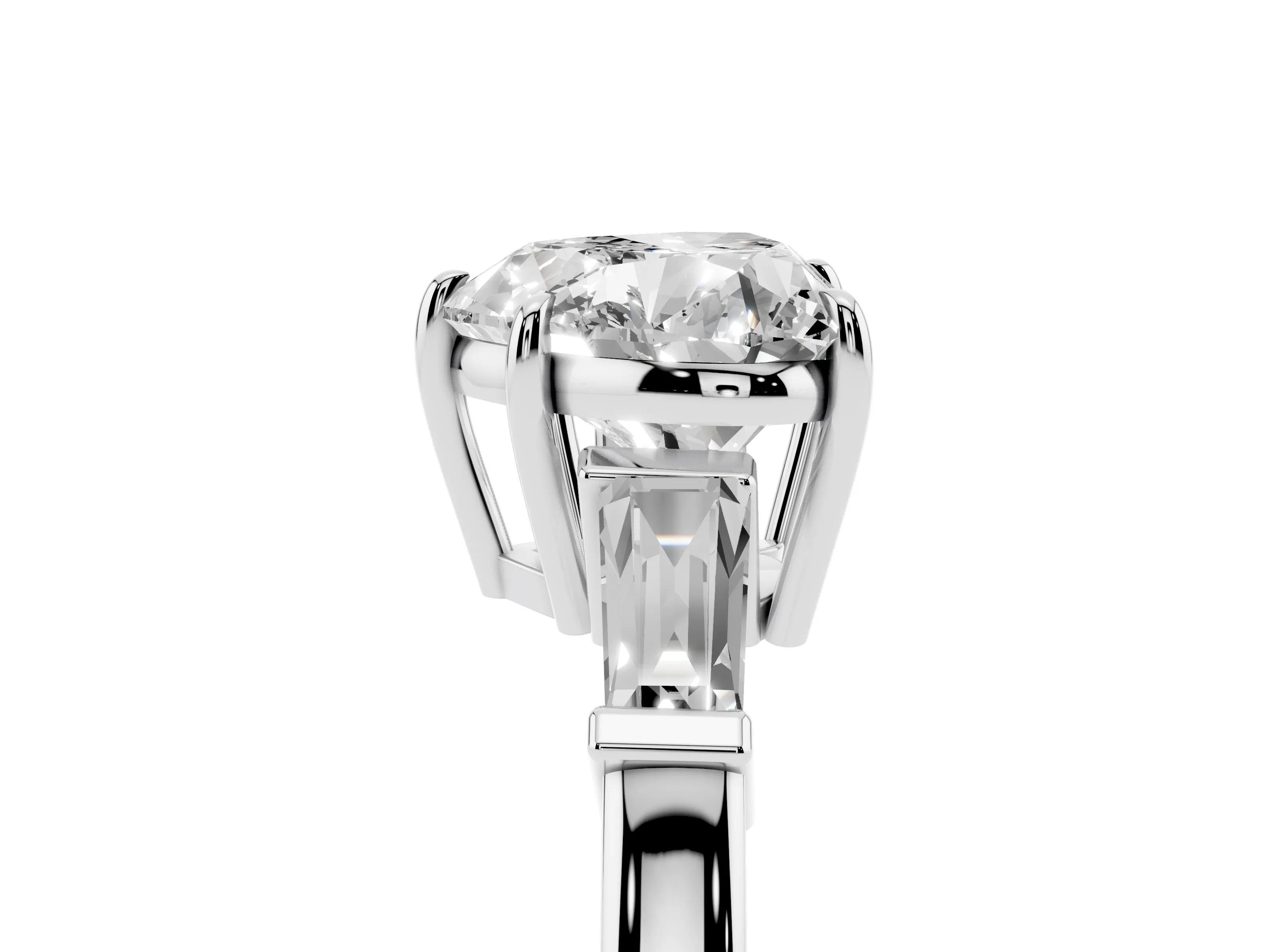 Heart Cut Diamond Three-Stone Ring Set in Platinum with Tapered Baguette Side Stones and Prong Setting