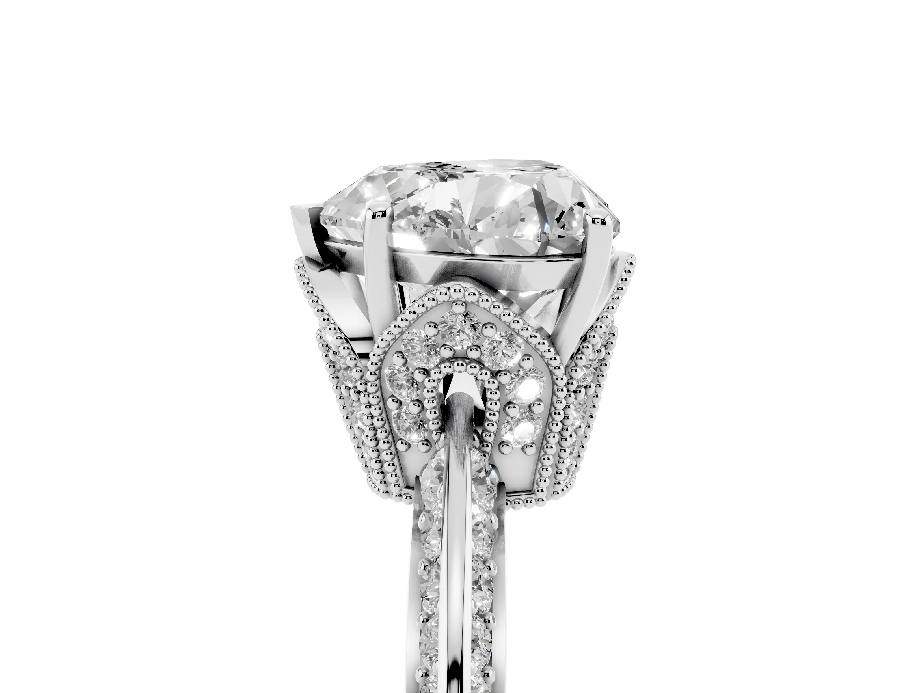Heart Cut Diamond Solitaire Engagement Ring Set in White gold with Pavé Split Shank and Prong Setting