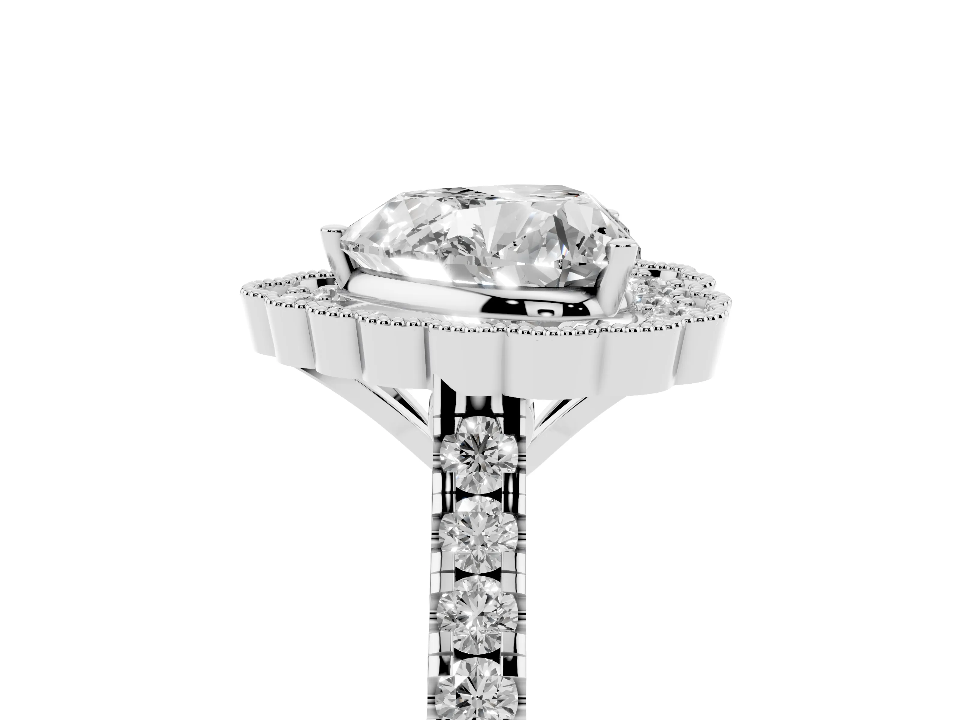 Heart Cut Diamond Milgrain Floral Halo Engagement Ring Set in White gold with Pavé Band