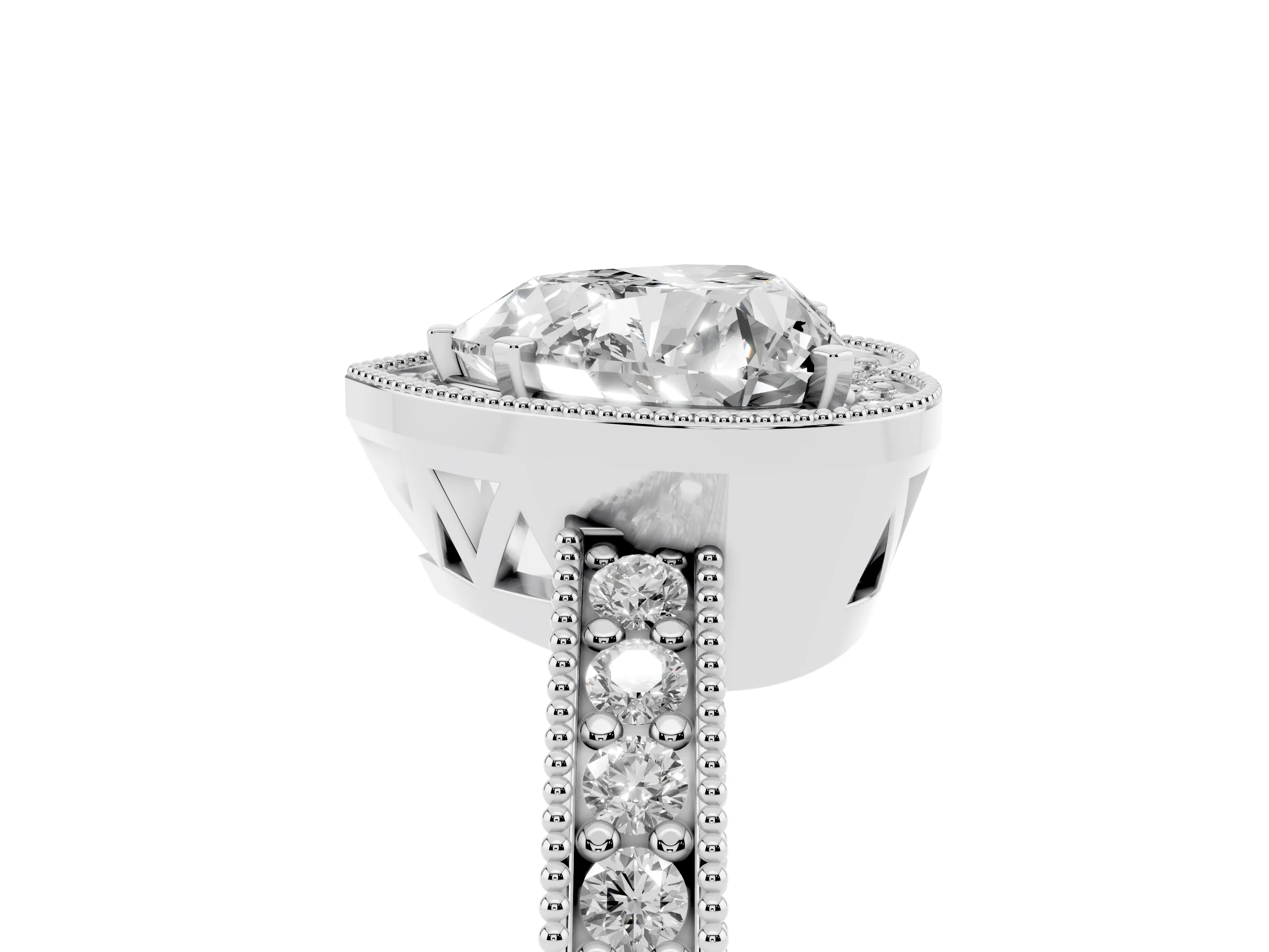 Heart Cut Diamond Halo Pavé Band Ring Set in Platinum with Prong-Set Center