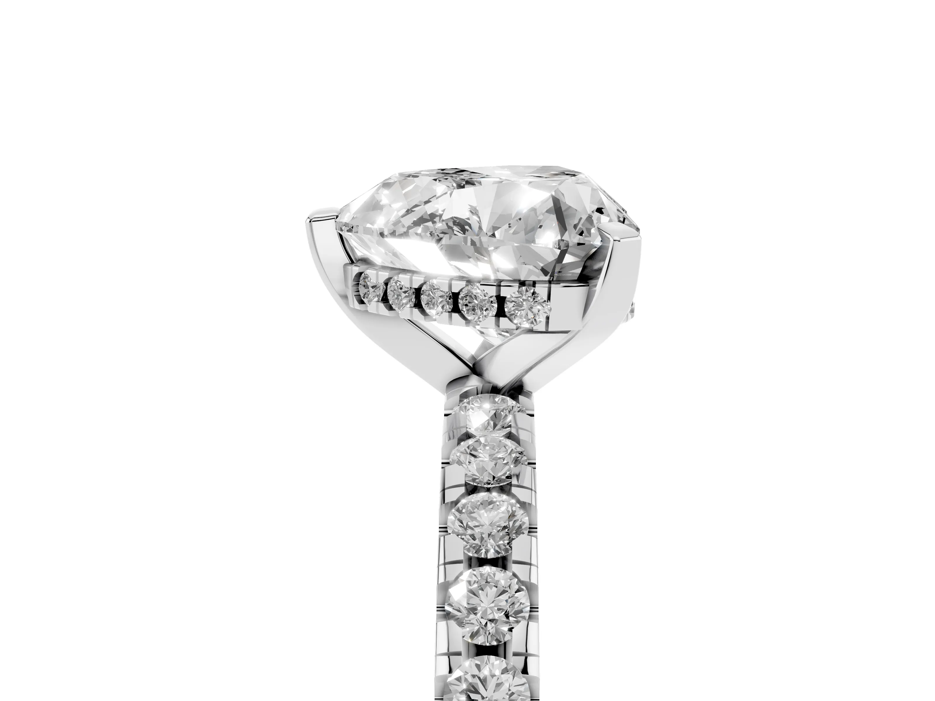 Heart Cut Diamond Pavé Solitaire Ring Set in White gold with Round Band Accents and Prong Setting