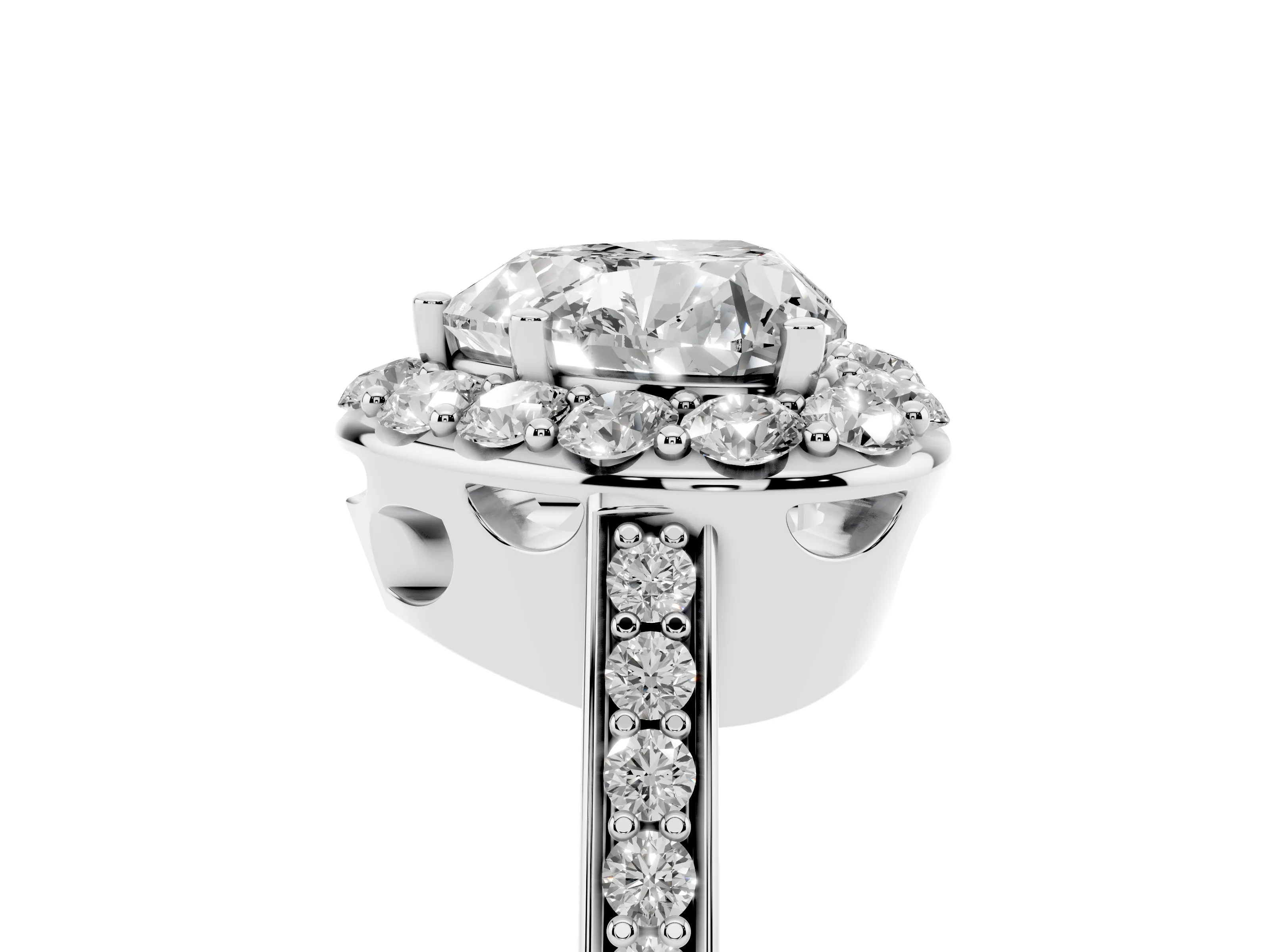 Heart Cut Diamond Floral Halo Ring Set in White gold with Pavé Band and Prong Setting