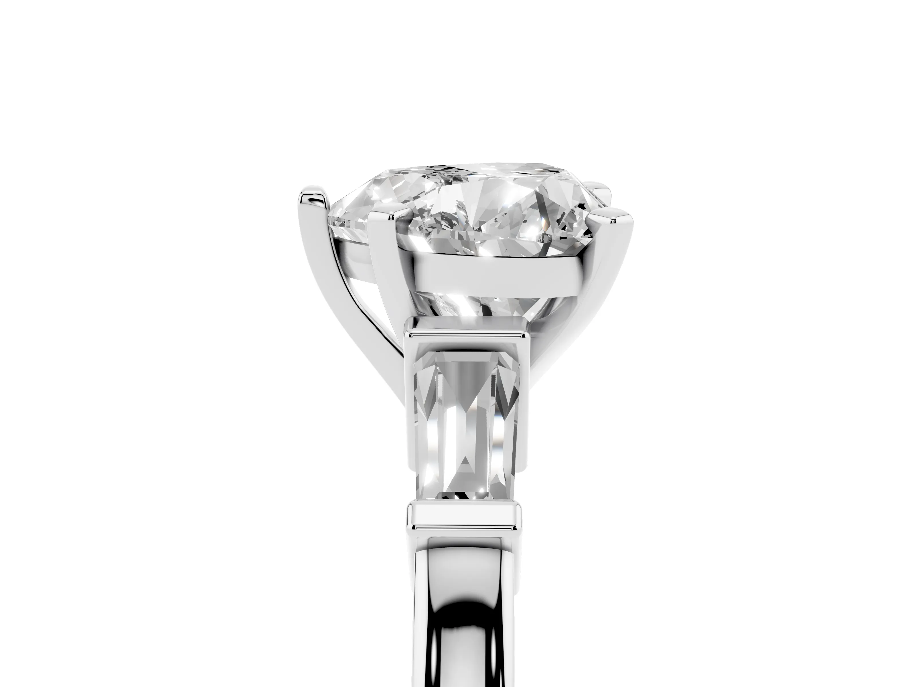 Heart Cut Diamond Solitaire Ring Set in White gold with Tapered Baguette Accents and Prong Setting