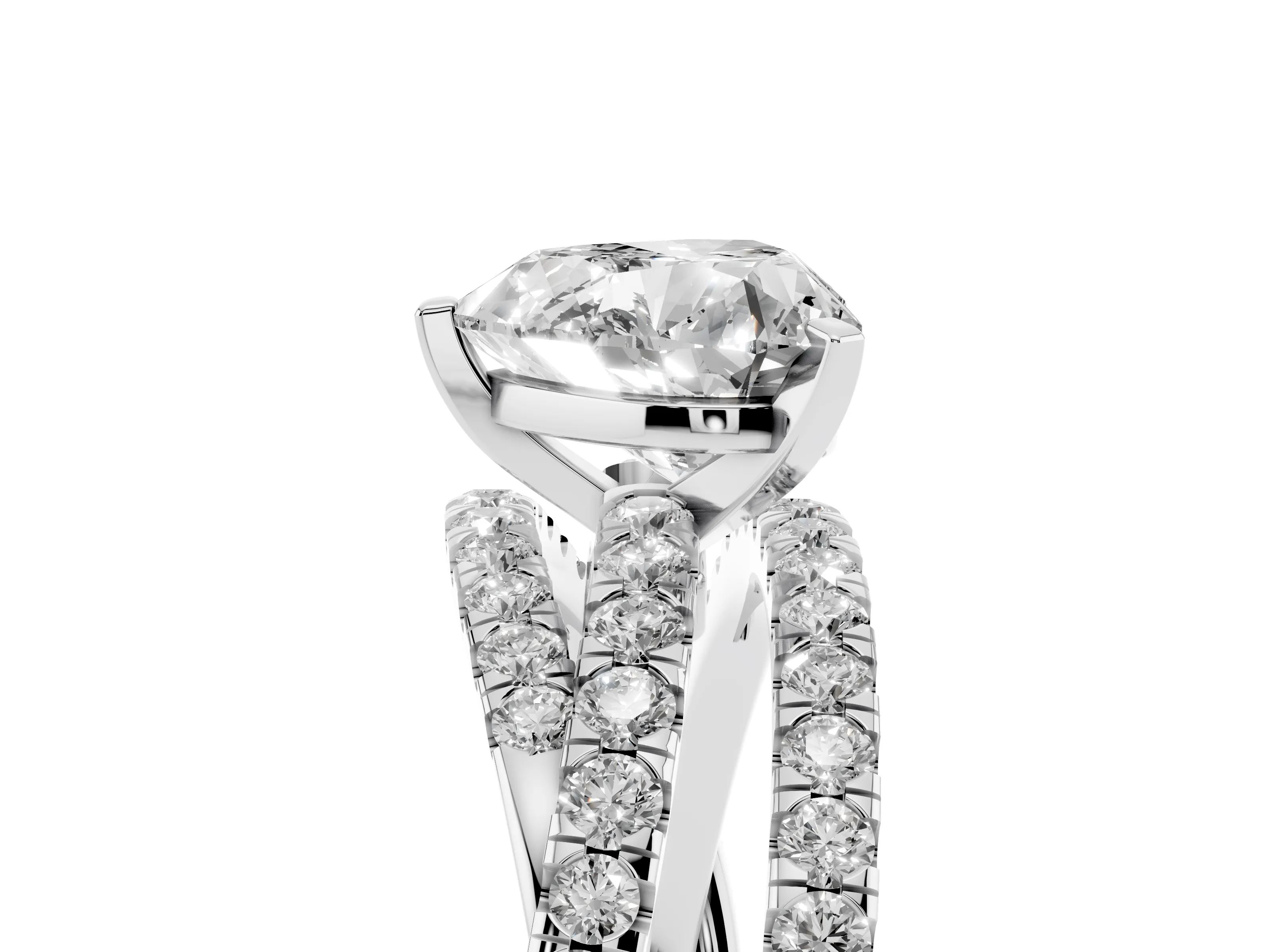 Heart Cut Diamond Solitaire Twist Band Ring Set in White gold with Pavé Setting and Prong Head