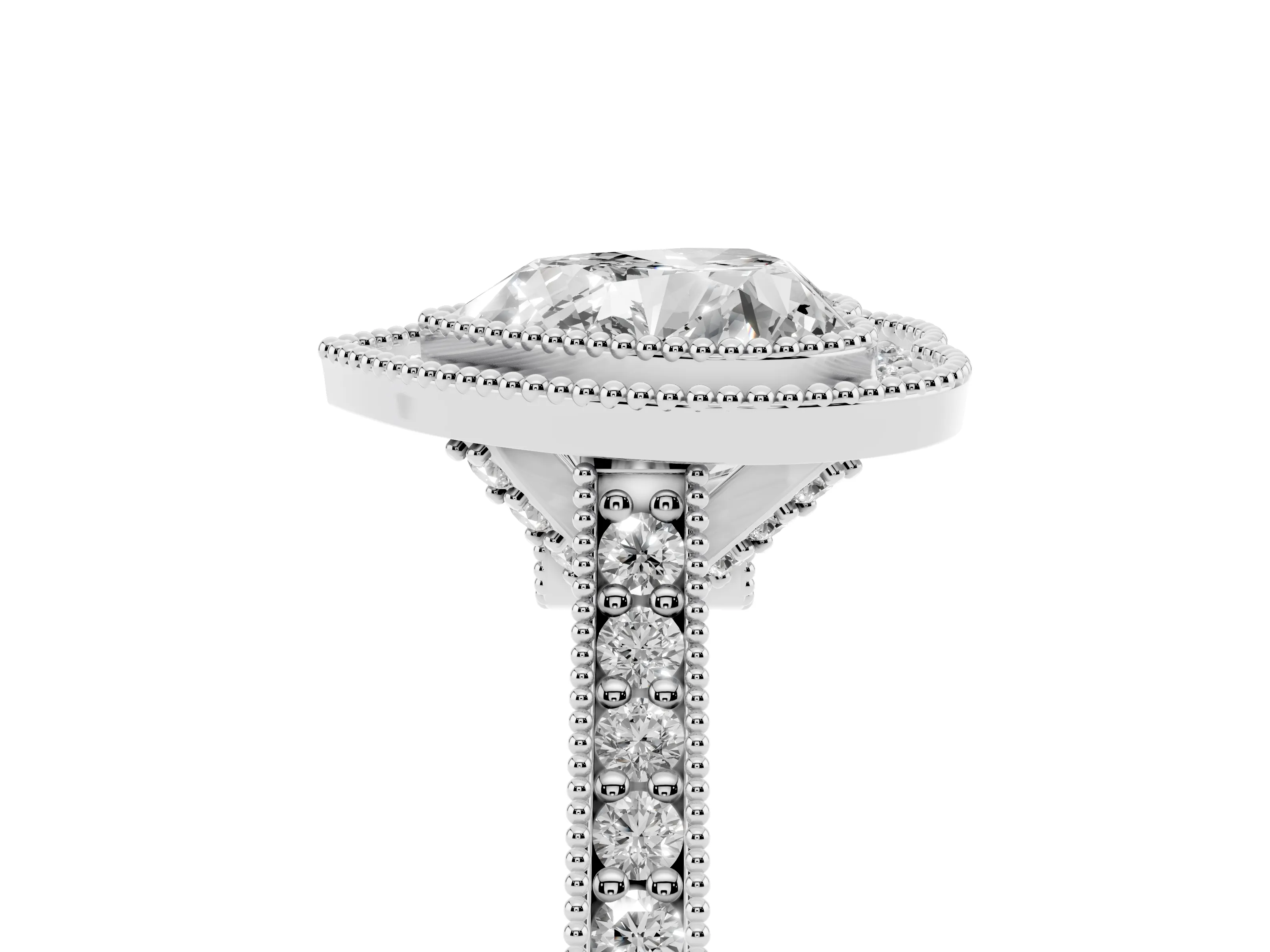Heart Cut Diamond Halo Milgrain Pavé Band Ring Set in White gold with Prong Setting