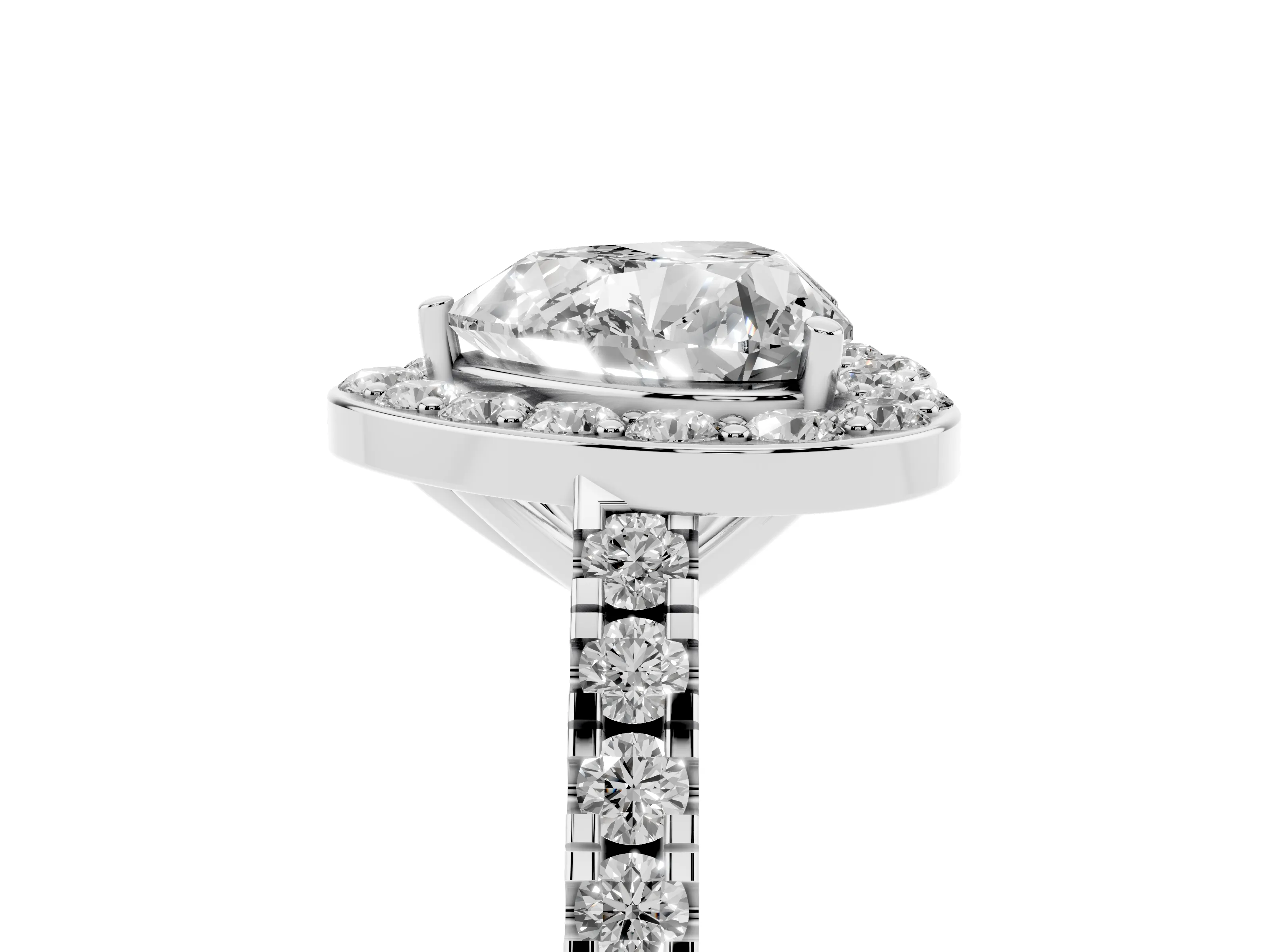 Heart Cut Diamond Halo Ring Set in Silver with Round Pavé Split Shank and Prong Setting