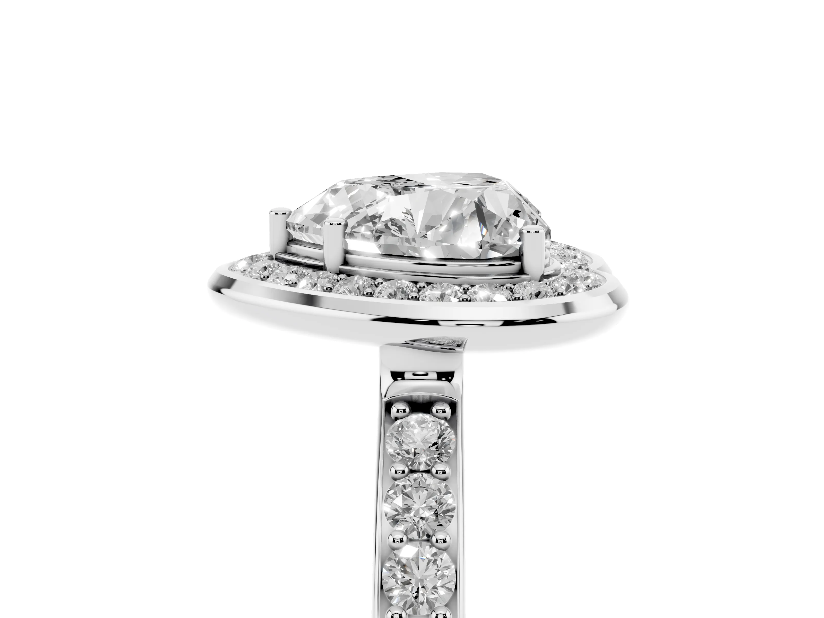 Heart Cut Diamond Halo Ring Set in White gold with Bezel Frame and Pavé Band