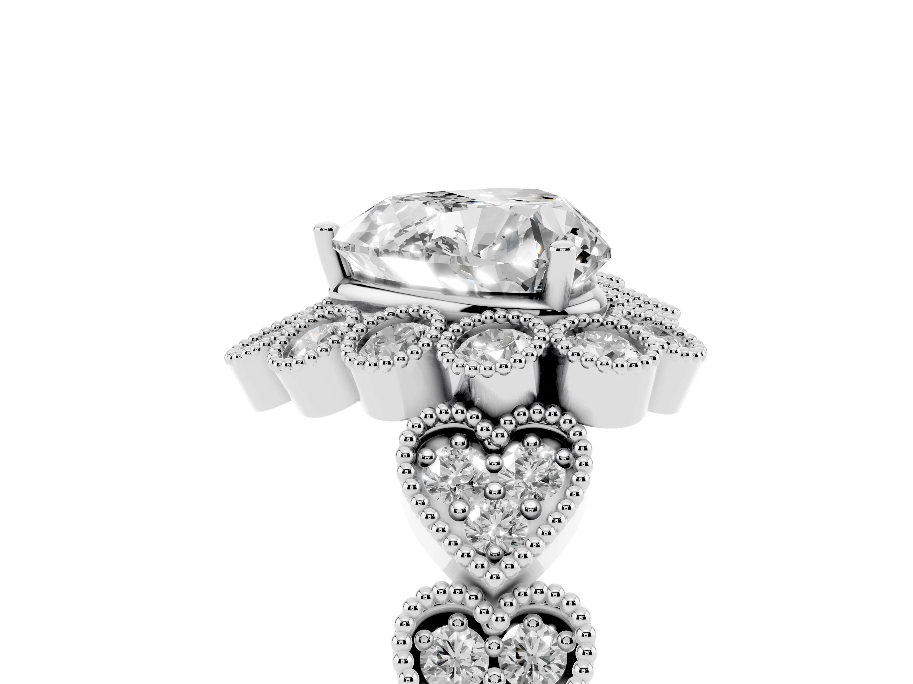 Heart Cut Diamond Solitaire Ring Set in White gold with Milgrain Pavé Heart Band