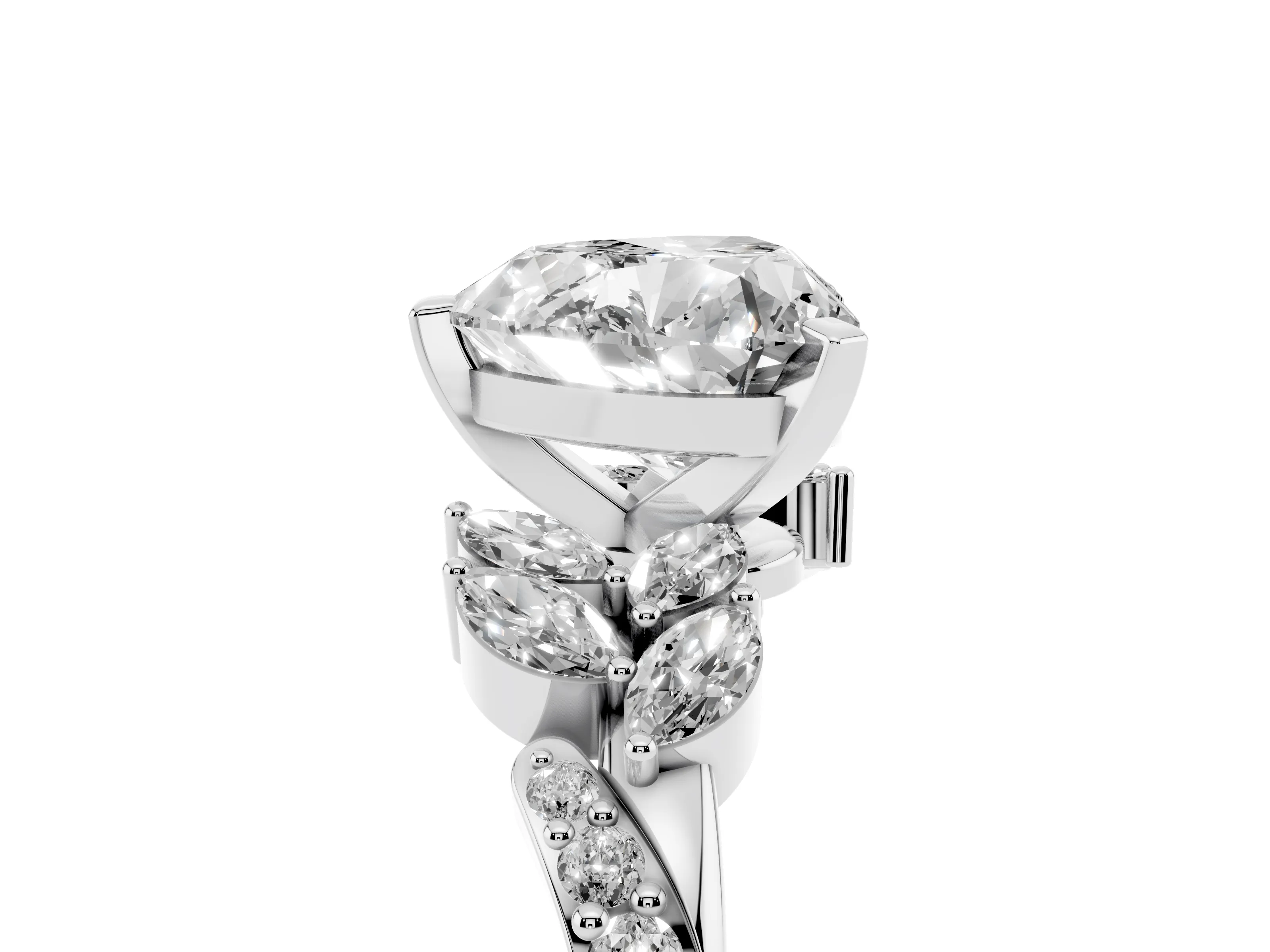 Heart Cut Diamond Solitaire Ring Set in White gold with Marquise Twist Band and Prong Setting