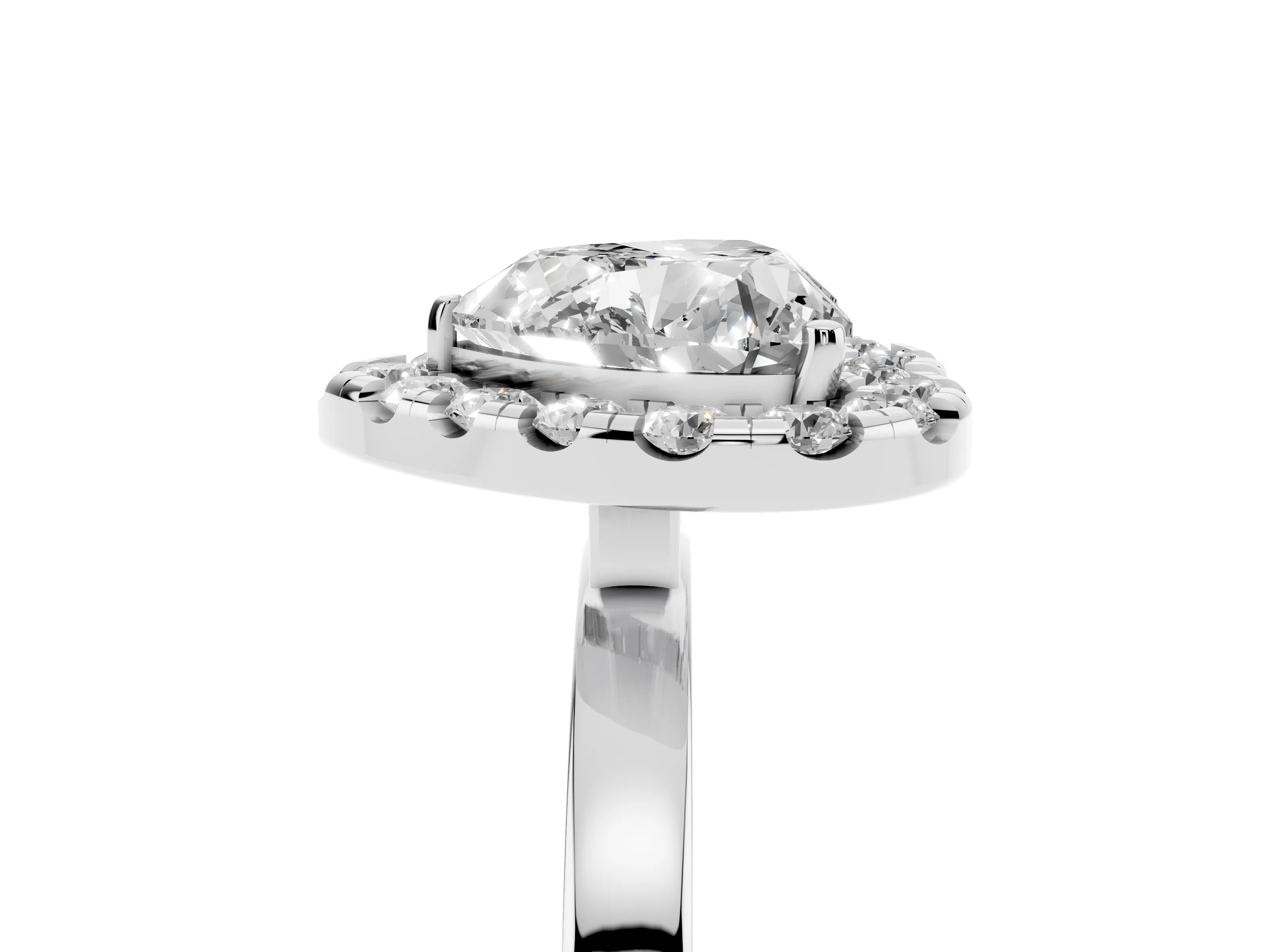 Heart Cut Diamond Halo Solitaire Ring Set in Silver with Pavé Band and Prong Setting