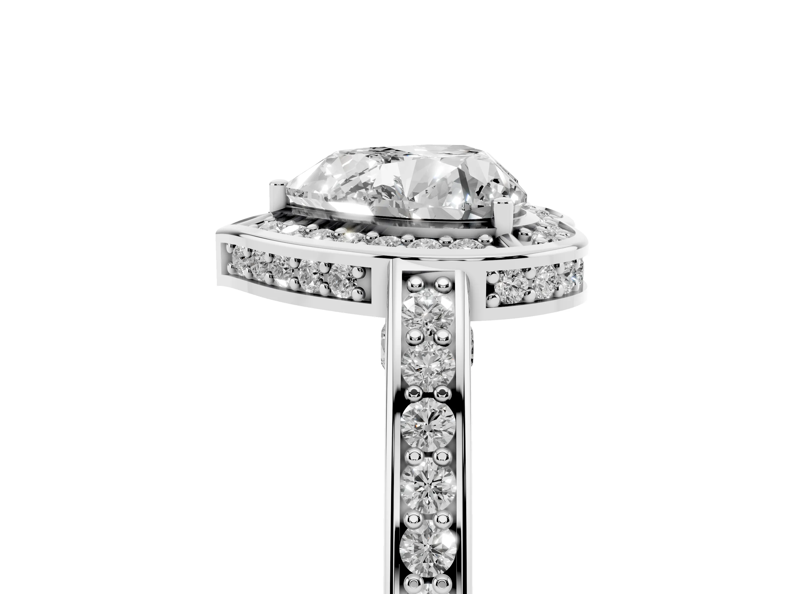 Heart Cut Diamond Halo Pavé Split Shank Ring Set in White gold with Prong Setting