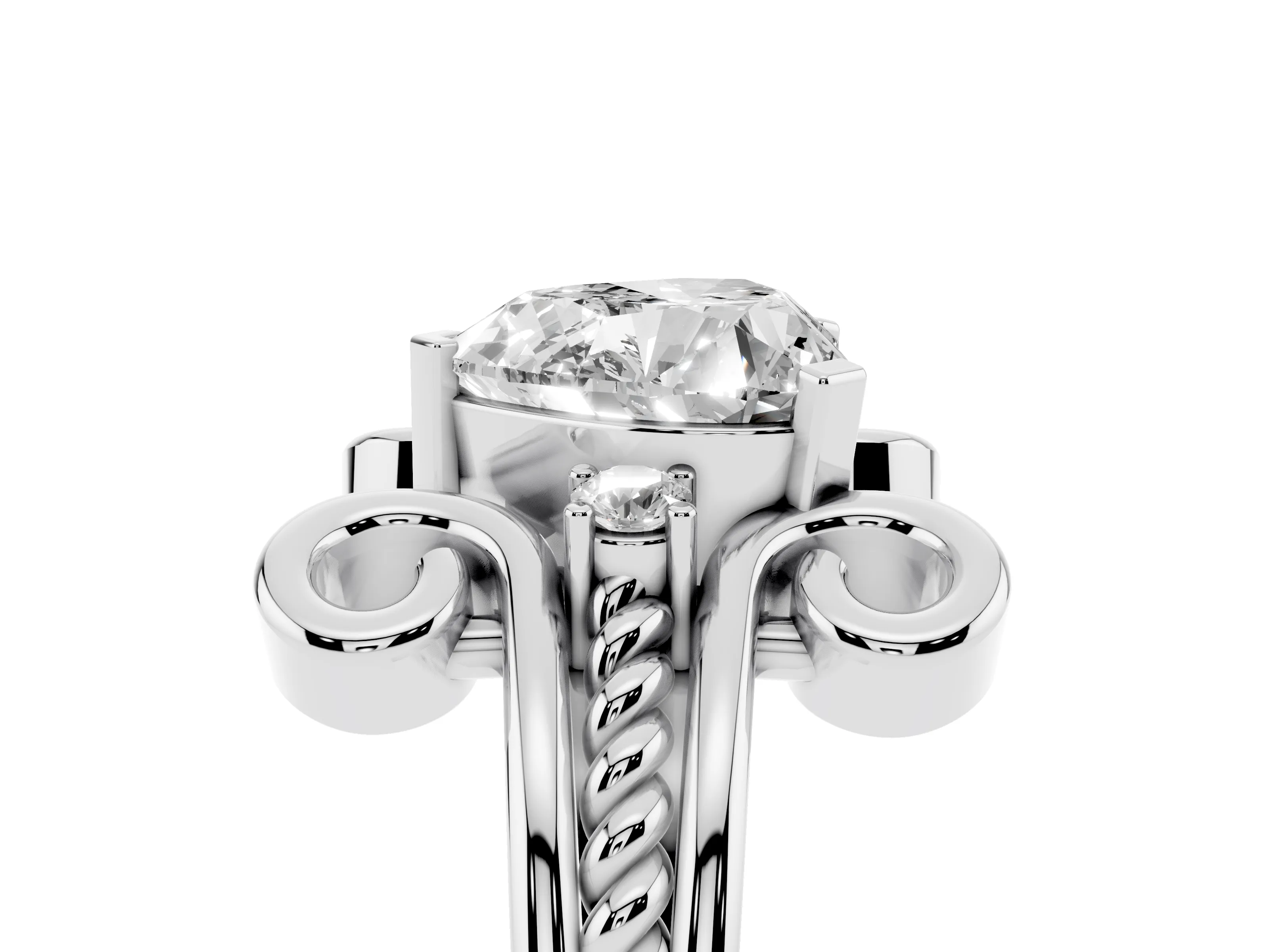 Heart Cut Diamond Twisted Band Solitaire Ring Set in Platinum with Scroll Prongs