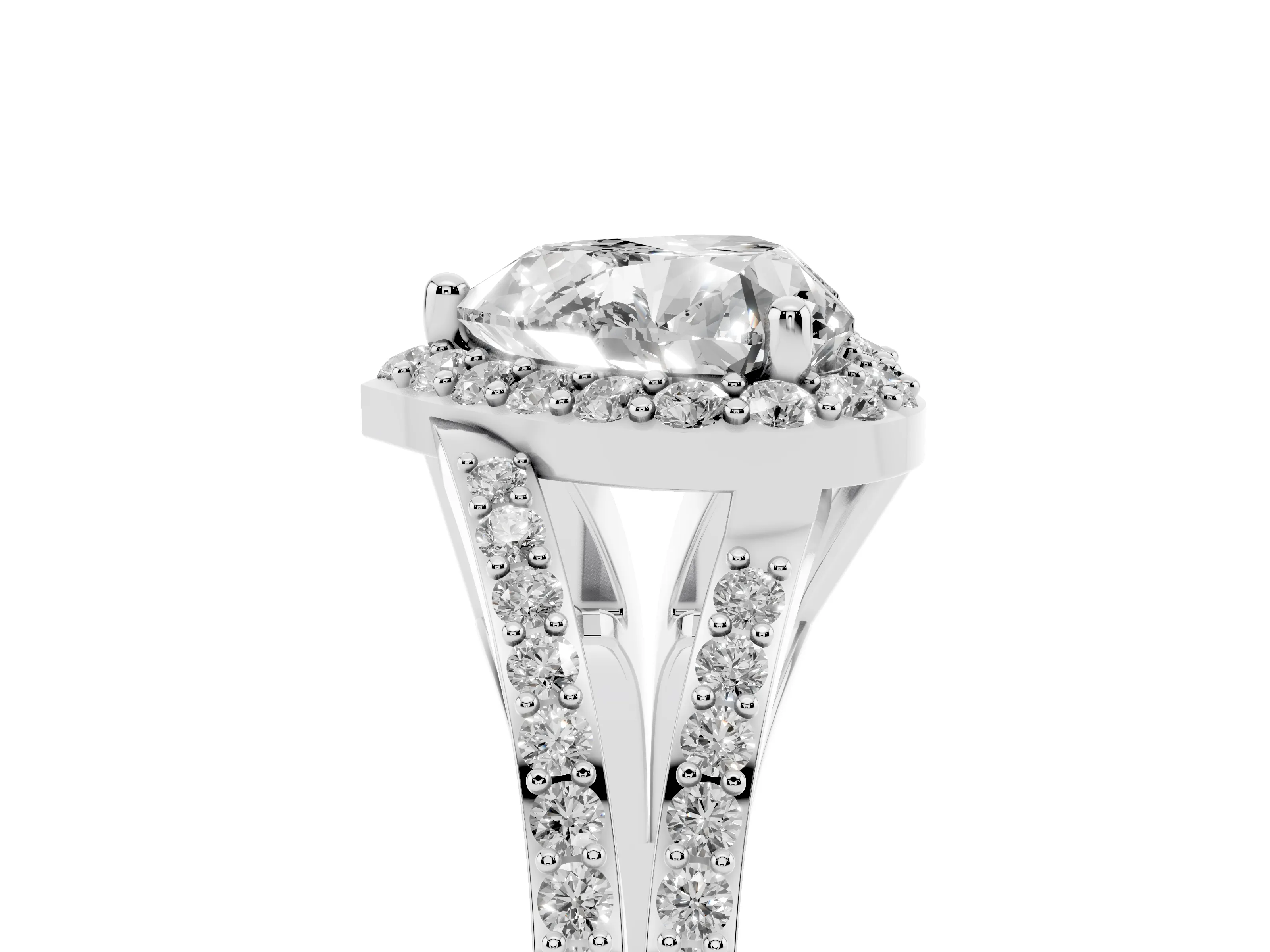 Heart Cut Diamond Halo Split Shank Pavé Ring Set in Silver with Prong Setting