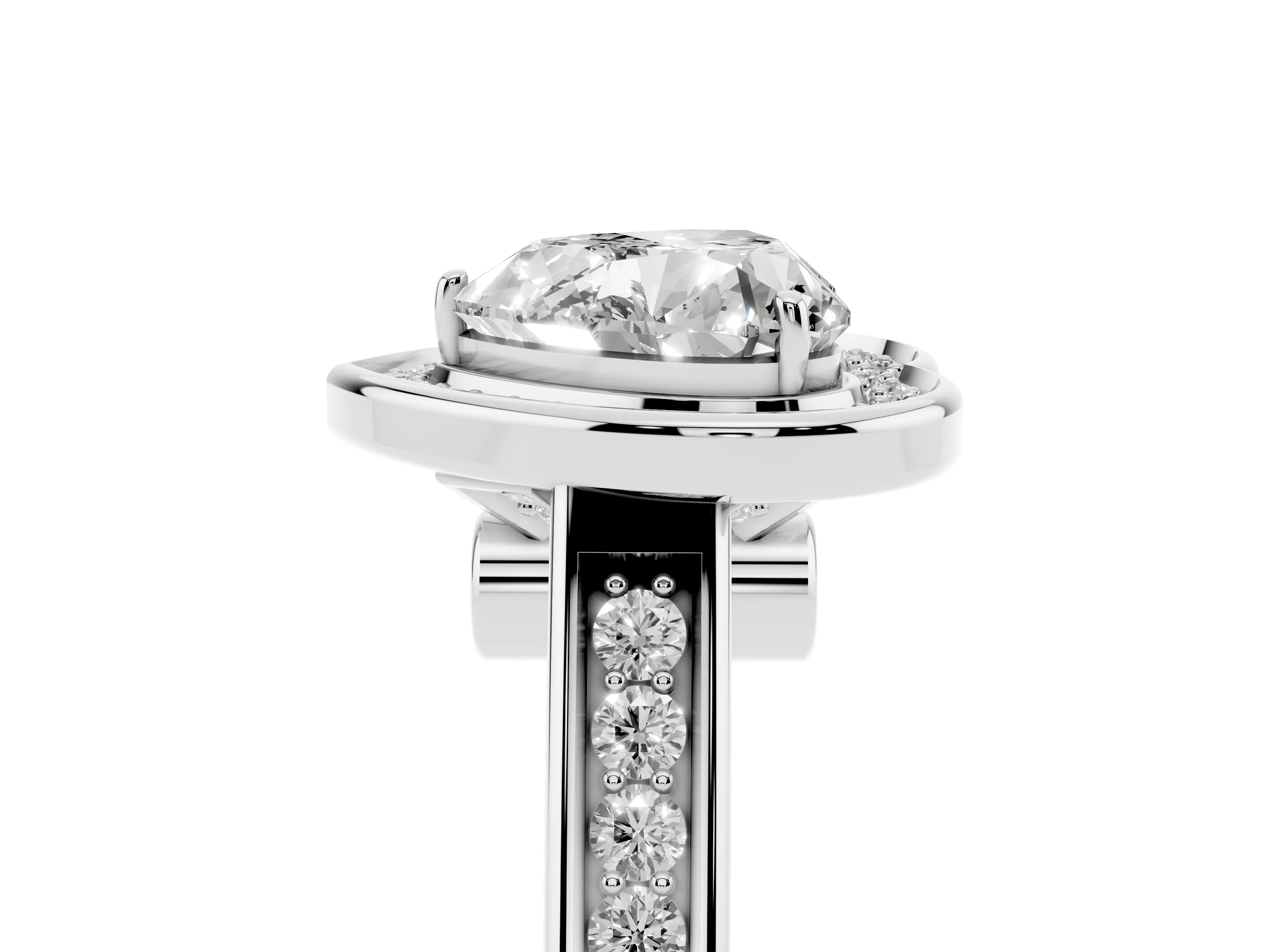Heart Cut Diamond Halo Solitaire Ring Set in Platinum with Pavé Band and Bezel Setting