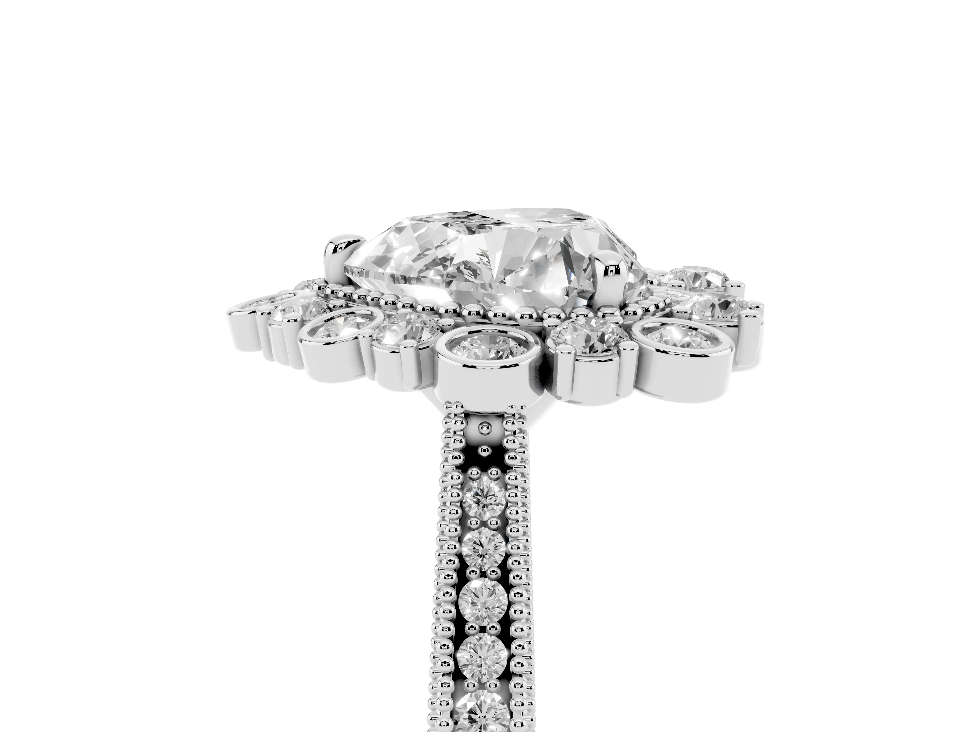 Heart Cut Diamond Halo Milgrain Pavé Ring Set in White gold with Prong Setting