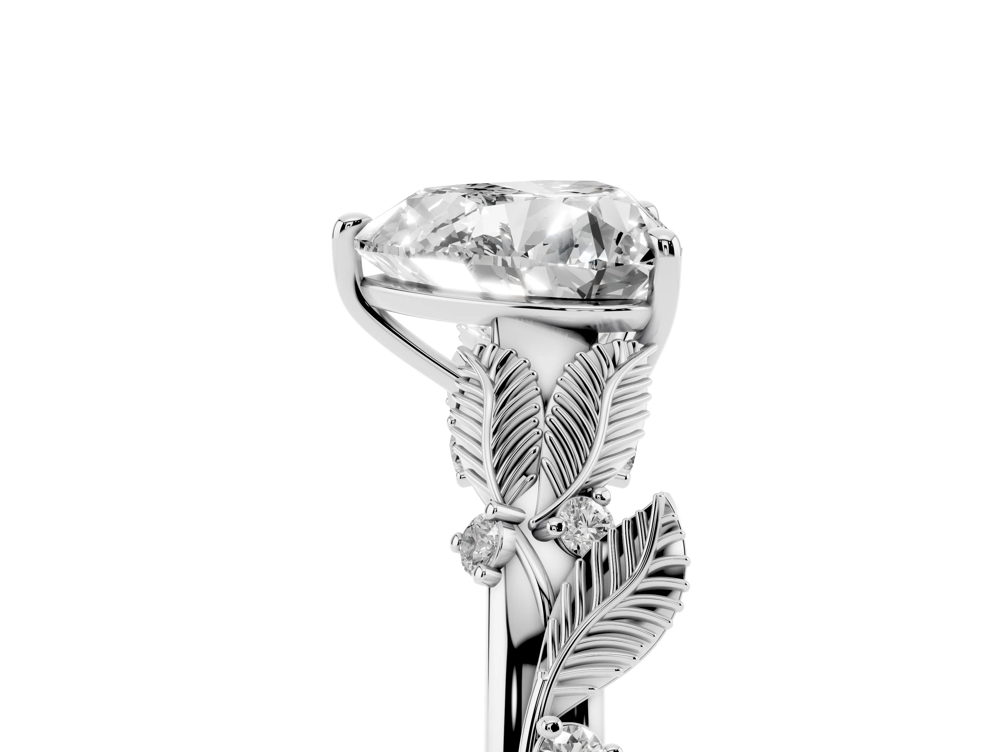 Heart Cut Diamond Solitaire Ring Set in Silver with Leaf Motif Band