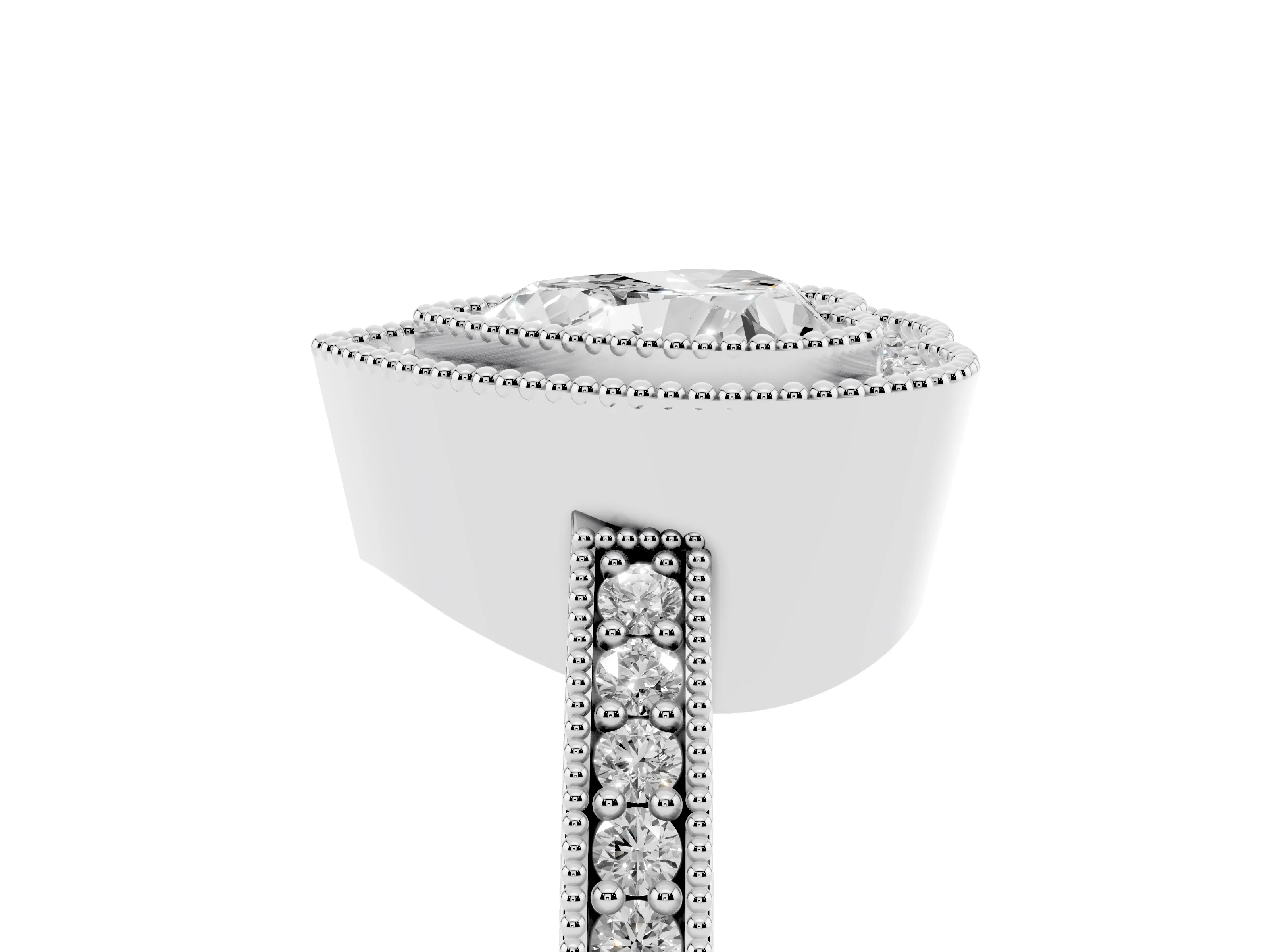 Heart Cut Diamond Halo Engagement Ring Set in Platinum with Pavé Band and Round Halo Stones
