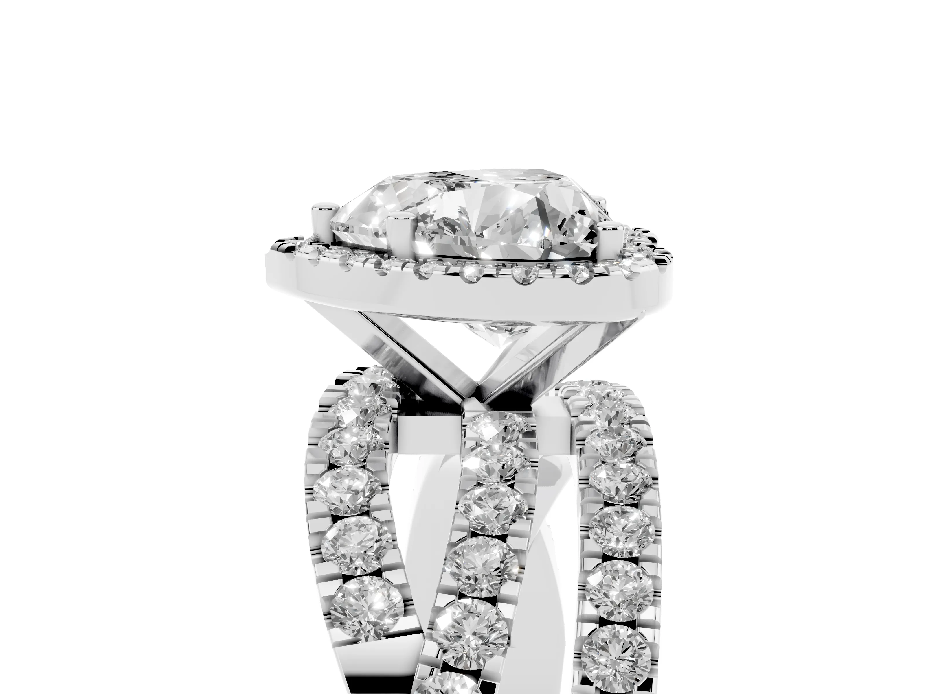 Heart Cut Diamond Halo Ring Set in Platinum with Round Crossover Split Shank and Prong Setting